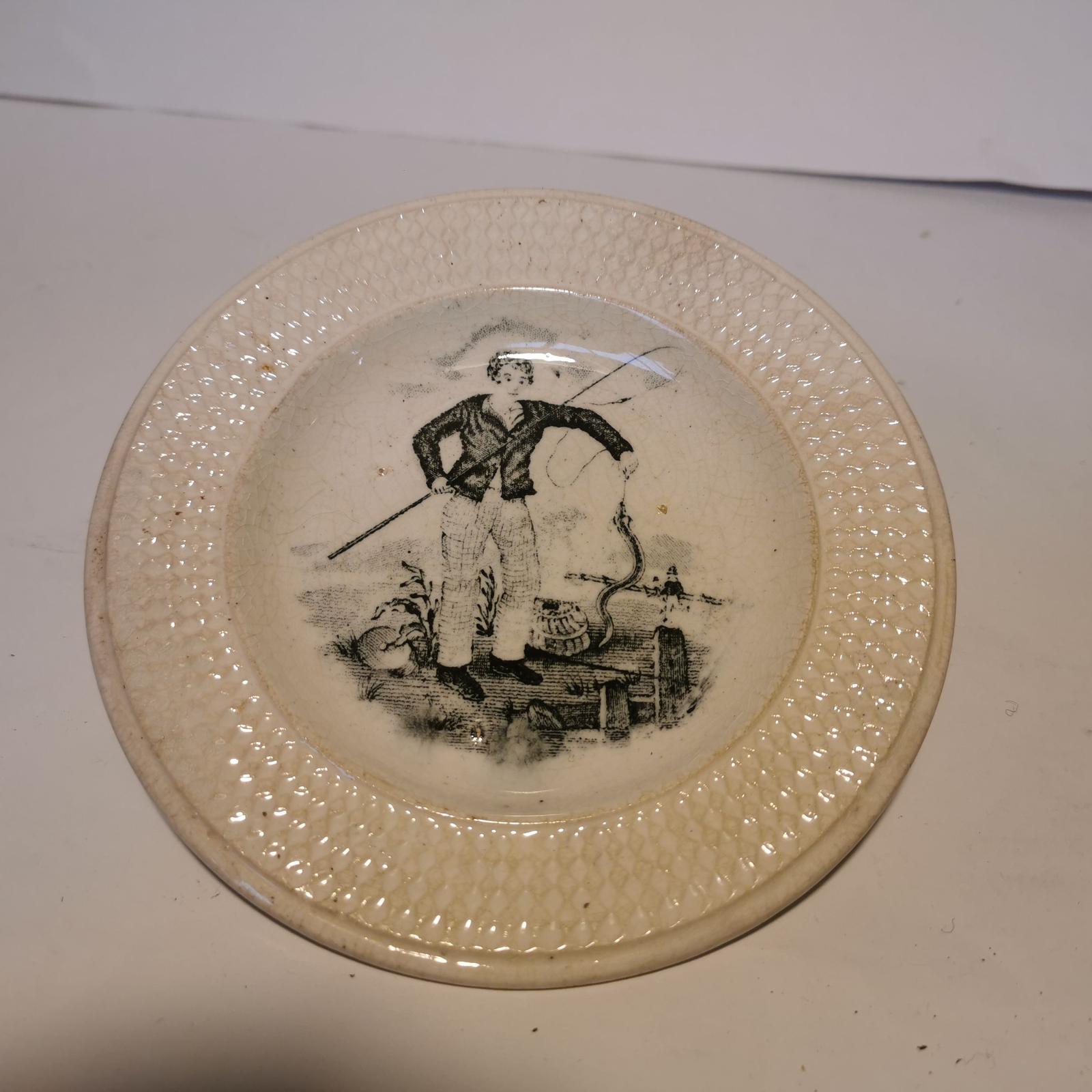 Nursery Creamware Plate with Picture of a Fisherman (1 of 2)