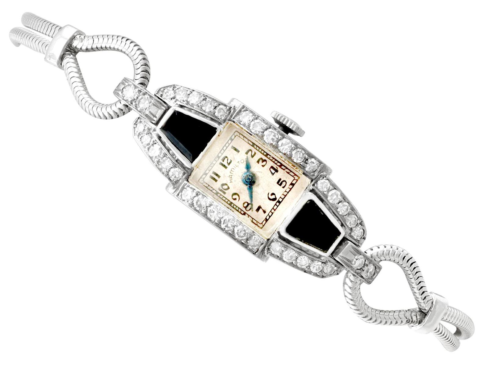 0.95ct Diamond & Onyx, Platinum Cocktail Watch by 'Hamilton' - Art Deco c.1940 (1 of 12) 0.95ct Diamond & Onyx, Platinum Cocktail Watch by 'Hamilton' - Art Deco c.1940 (1 of 12)