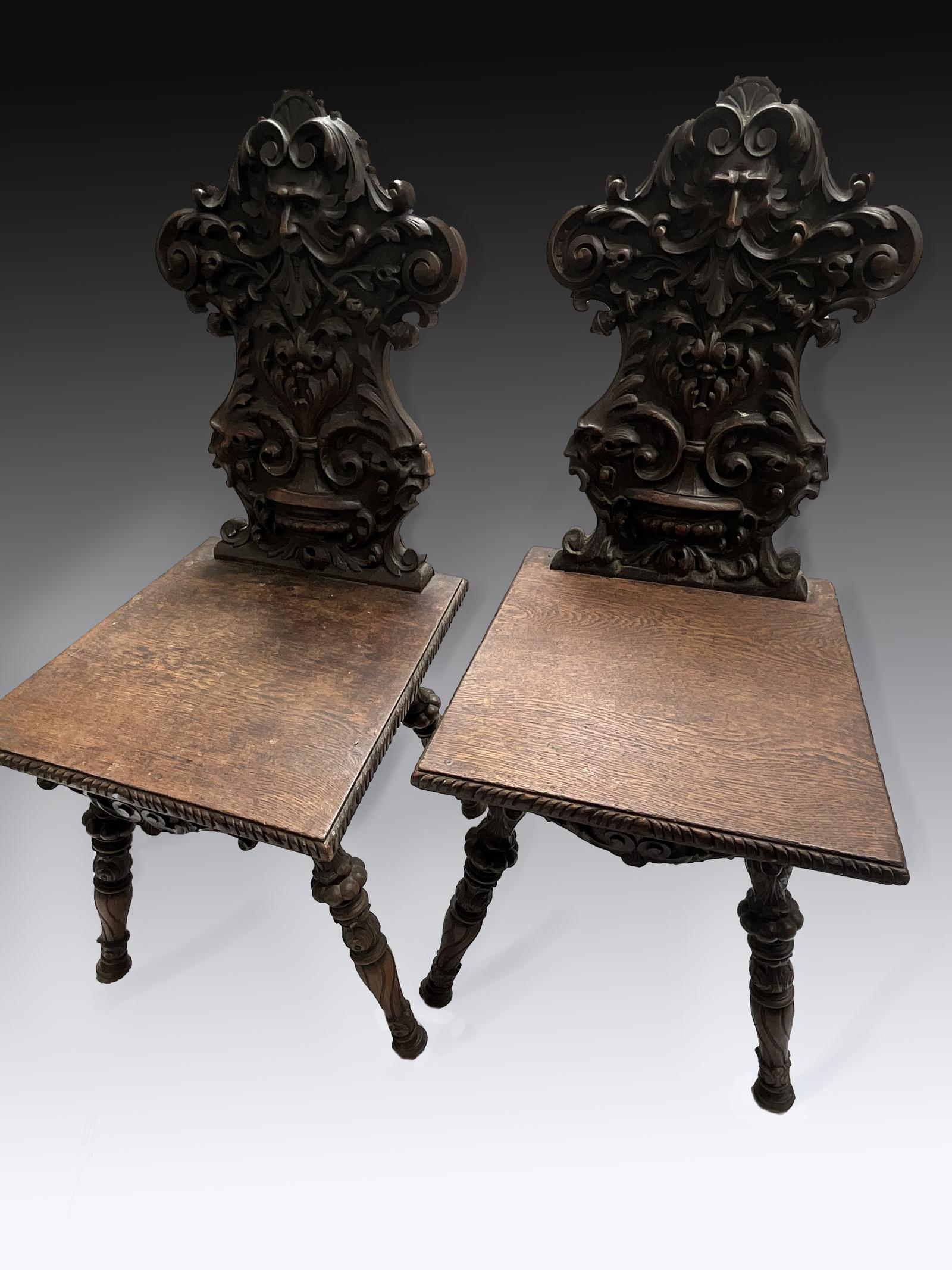Pair of Carved Oak Hall Seats (1 of 4)