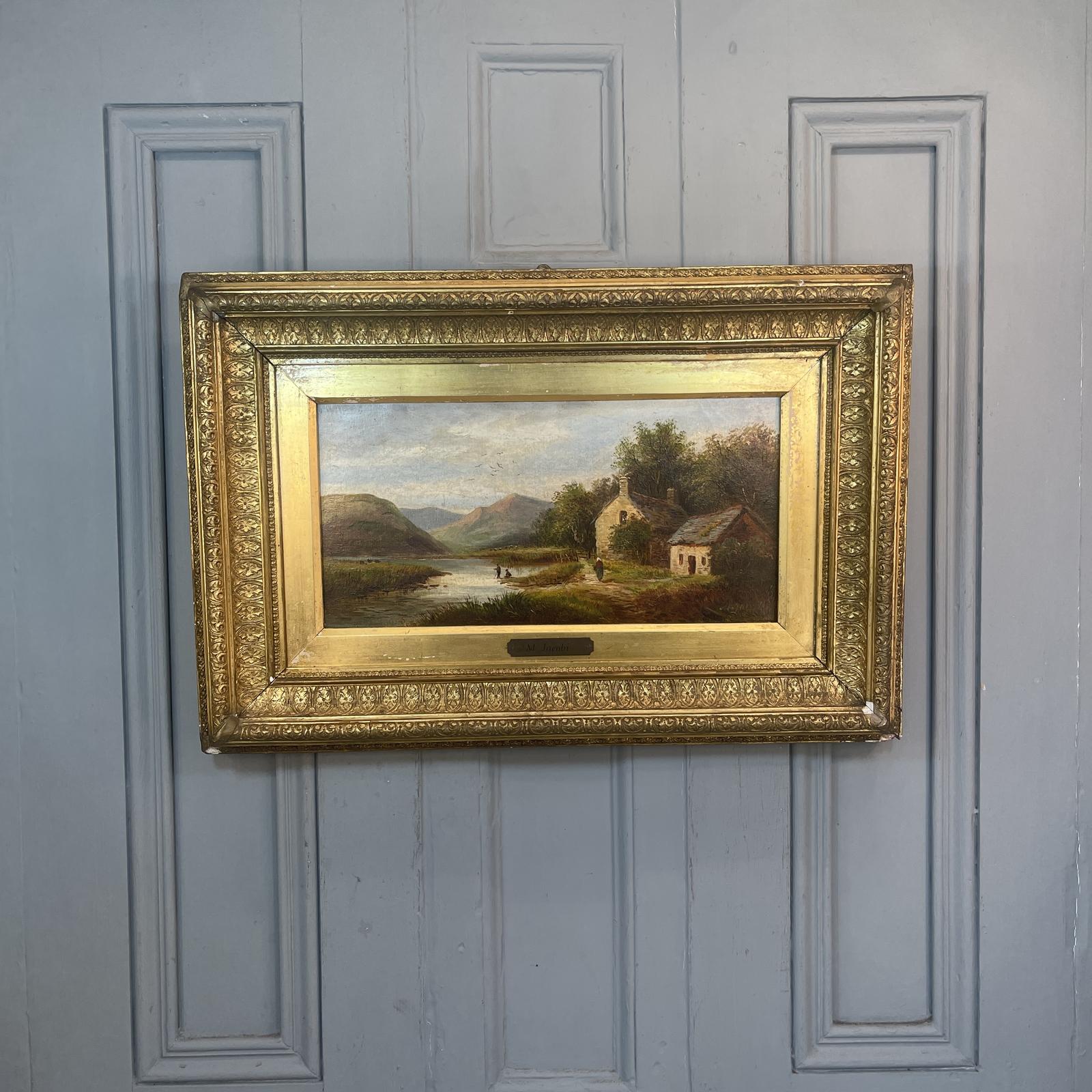 Antique Welsh Victorian Landscape Oil Painting with Cottages by M Jacobi (1 of 10)