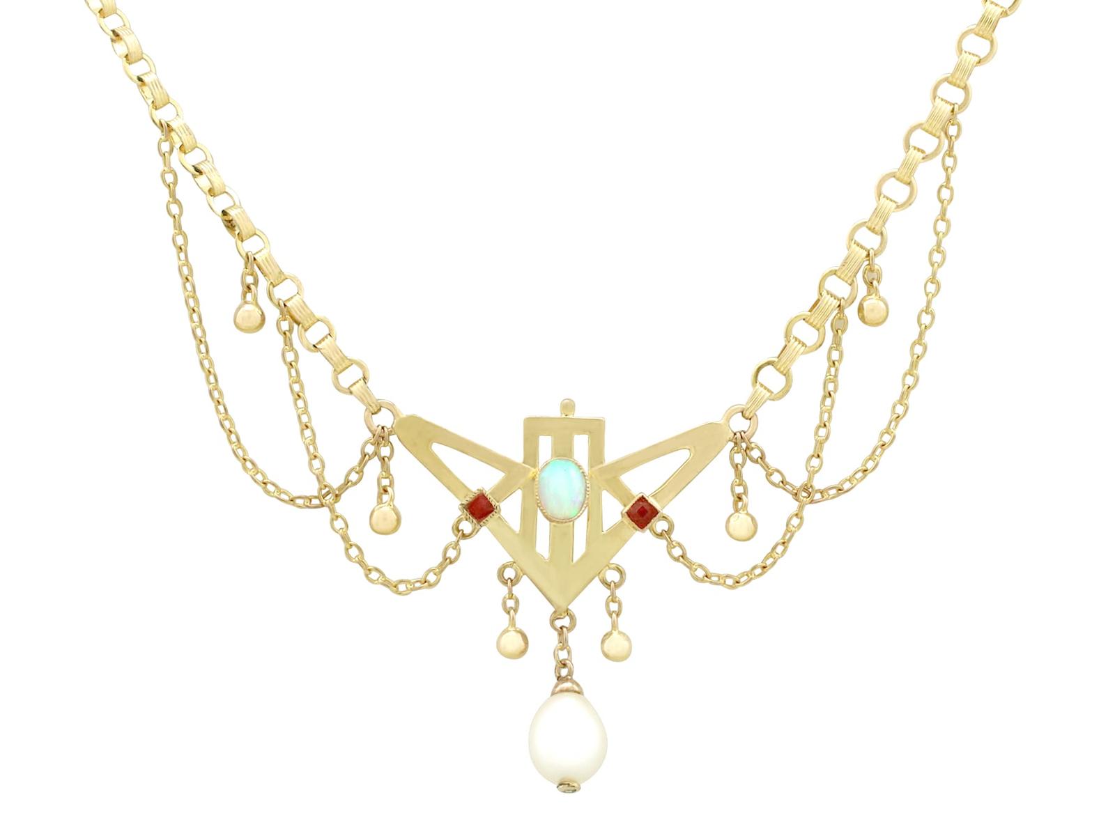Antique 0.32ct Opal & Ruby, 9ct Yellow Gold Necklace - Art Nouveau c.1900 (1 of 10)
