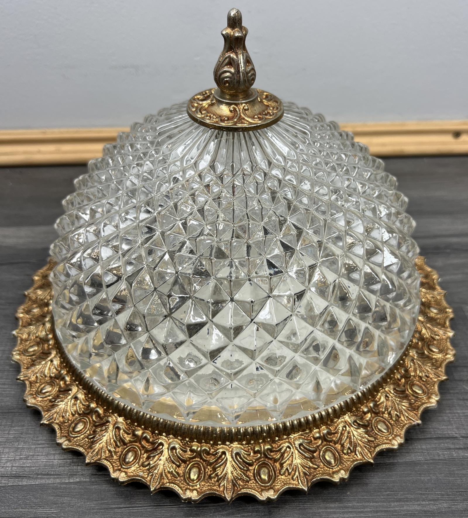 Vintage French Ceiling Light Crystal Glass Dome with Ornate Brass Rim (1 of 7)