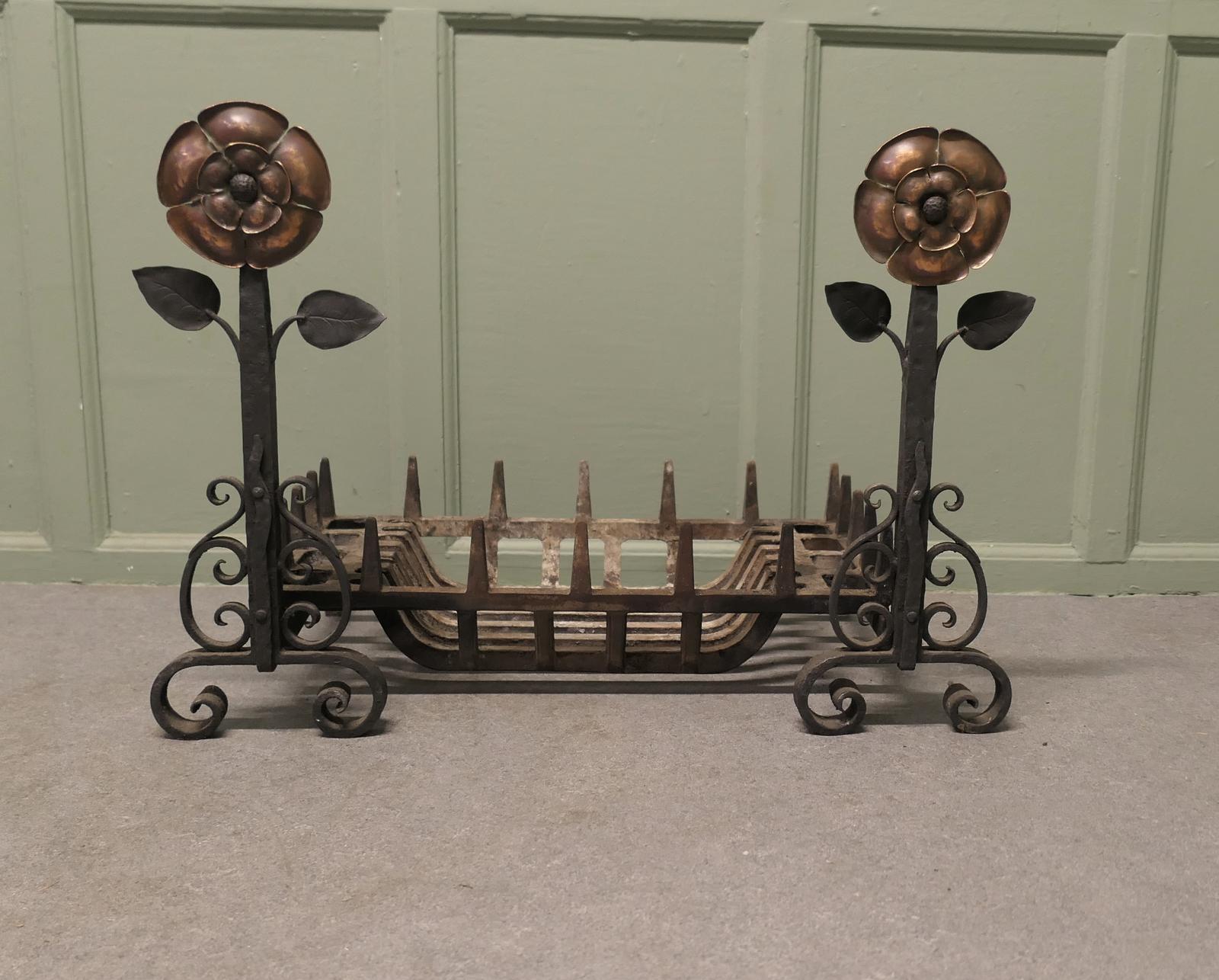 Iron Fire Grate Set on Arts and Crafts Tudor Rose Andirons (1 of 6) Iron Fire Grate Set on Arts and Crafts Tudor Rose Andirons (1 of 6)
