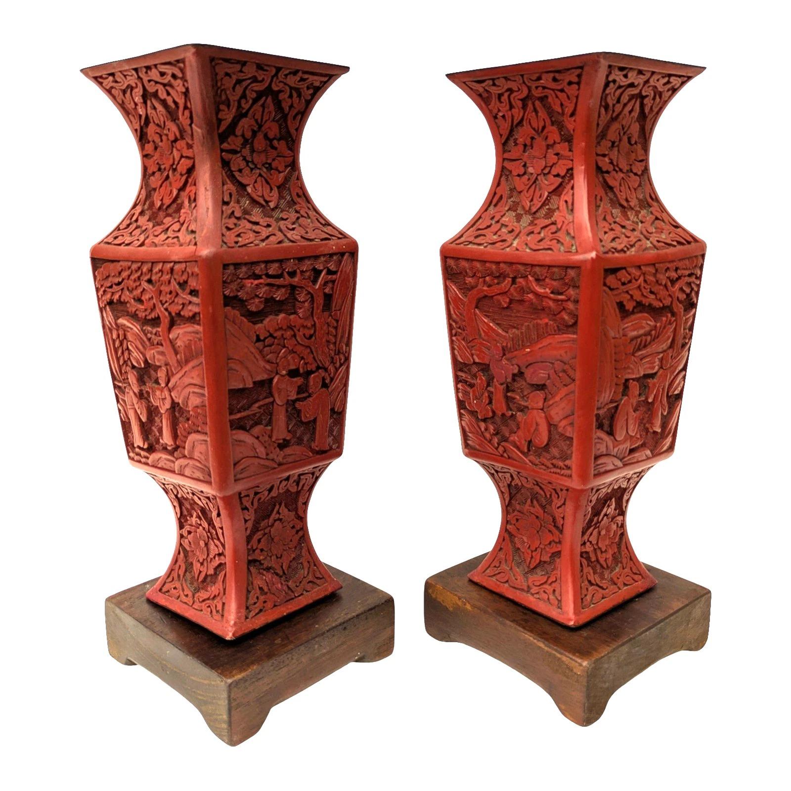 Pair of Chinese Cinnabar Lacquer Vases 19th Century (1 of 9) Pair of Chinese Cinnabar Lacquer Vases 19th Century (1 of 9)