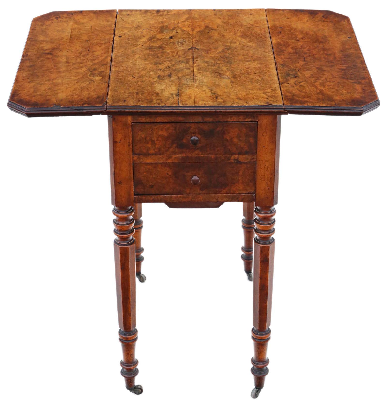 Victorian 19th Century Burr Walnut Drop Leaf Work Table c.1880 (1 of 8)