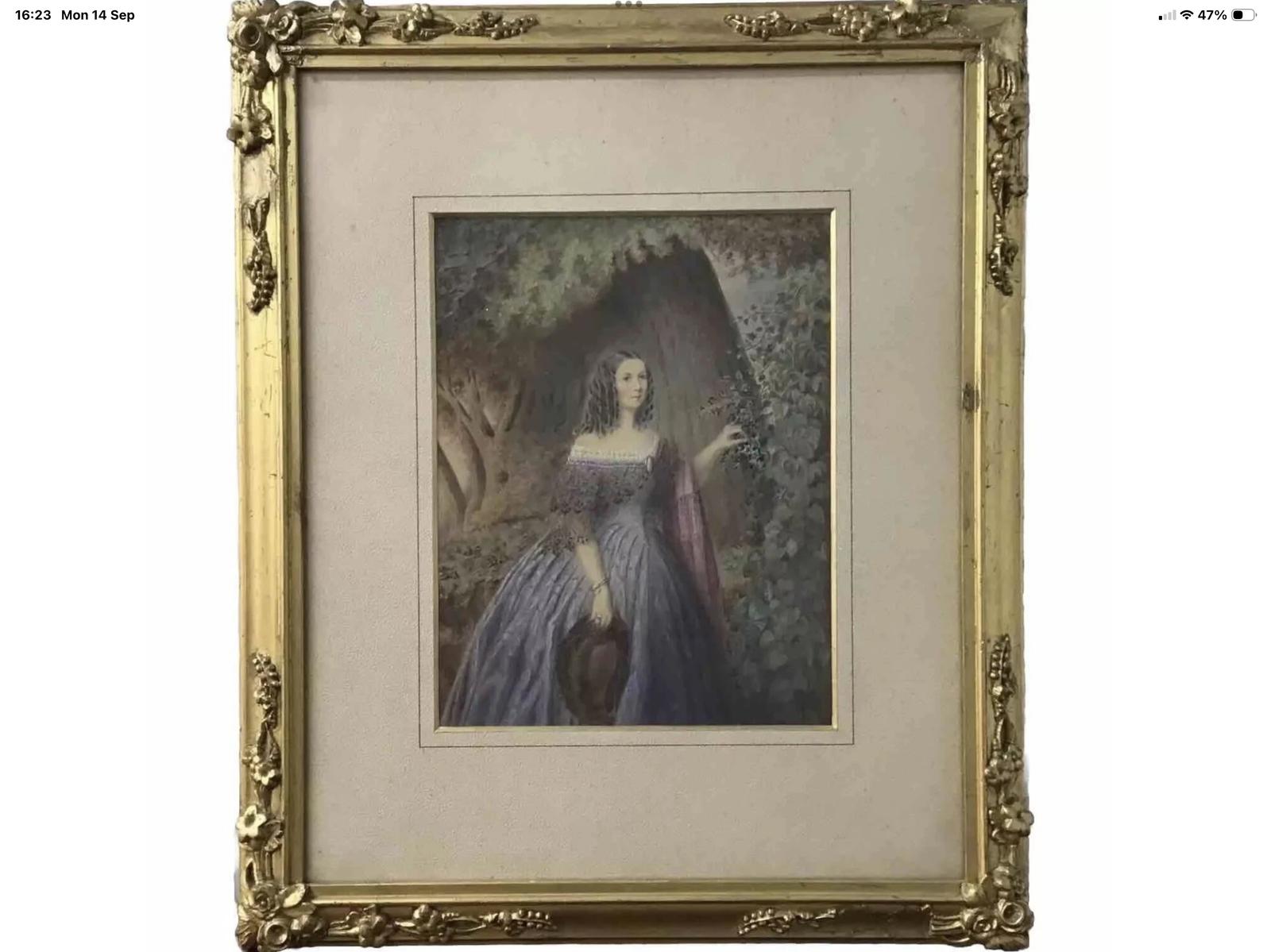 Victorian Watercolour Portrait Painting of Lady with Ringlets Holding Black Hat c.1860 (1 of 10) Victorian Watercolour Portrait Painting of Lady with Ringlets Holding Black Hat c.1860 (1 of 10)