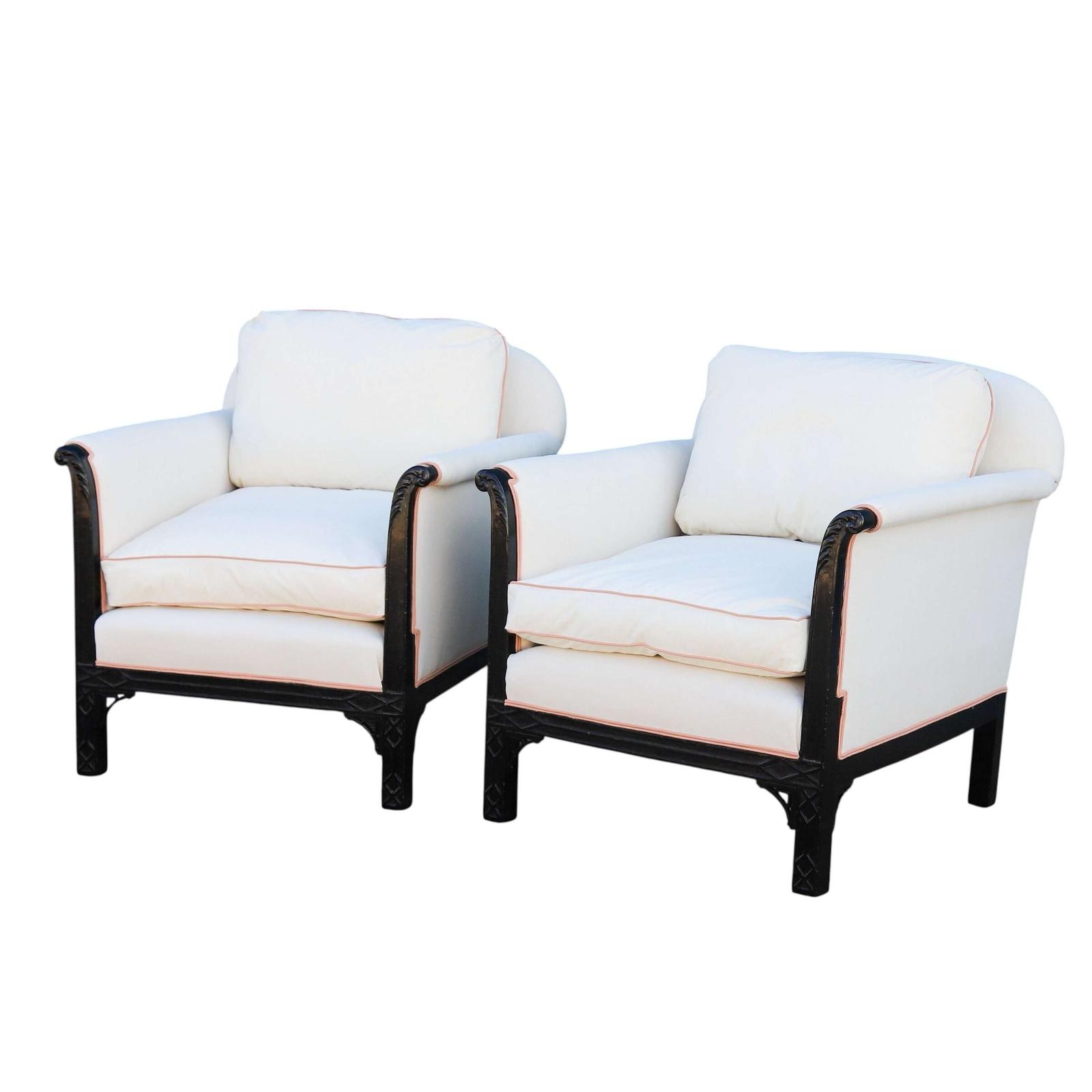 Fine Pair of c.1840 Ebonised Chippendale-Style Armchairs - Carved Fretwork & Calico Uphols (1 of 9)