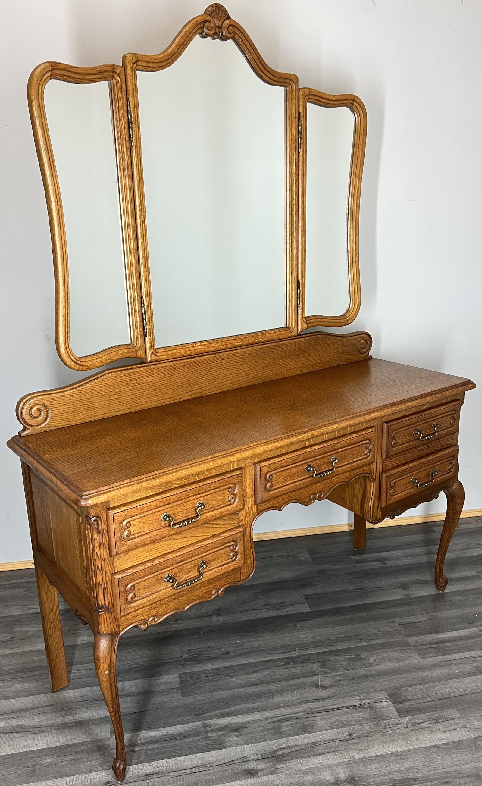 Vintage Dressing Table with Mirror French Oak Vanity Table Makeup (1 of 13)