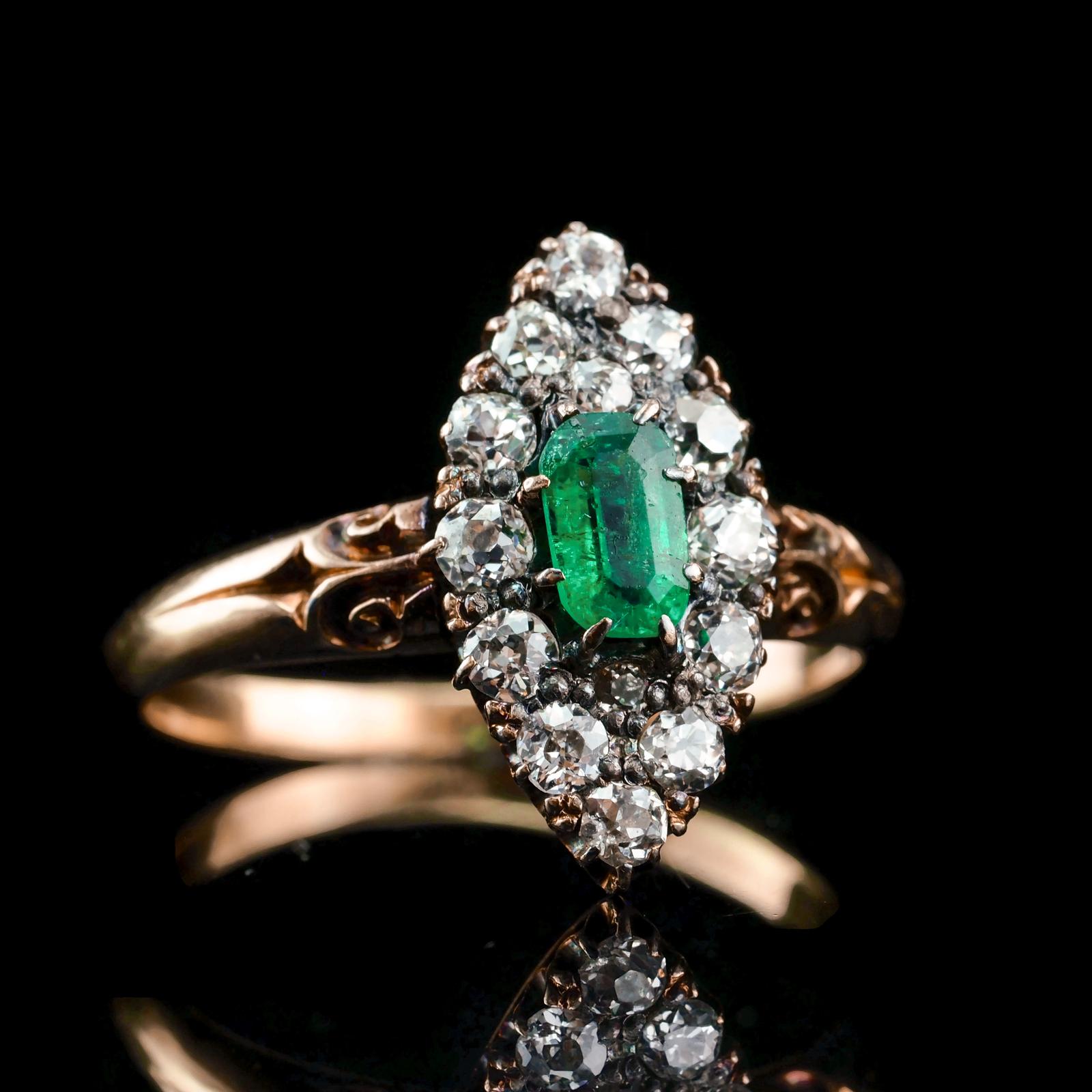 Magnificent Antique Victorian 18ct Gold Emerald & Diamond Navette Cluster Ring - c.1880 (1 of 20)