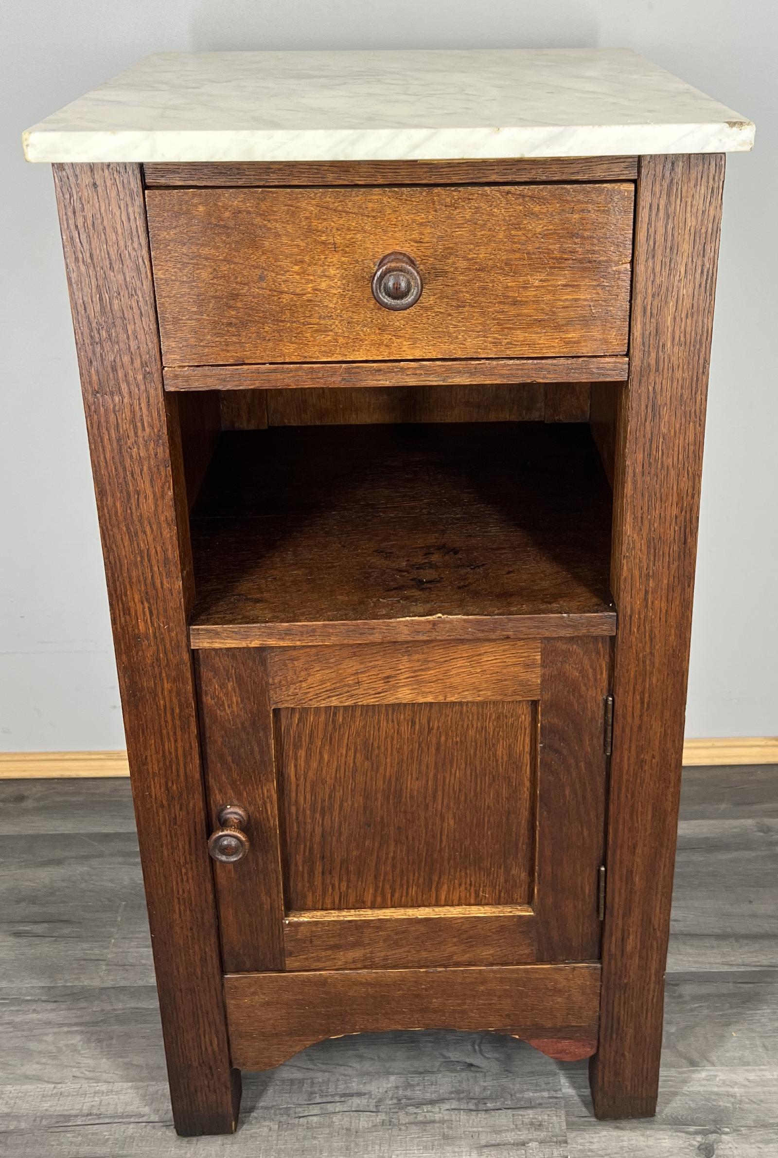 Bedside Table Antique French Marble Top Oak Cupboard Cabinet Nightstand (1 of 11)
