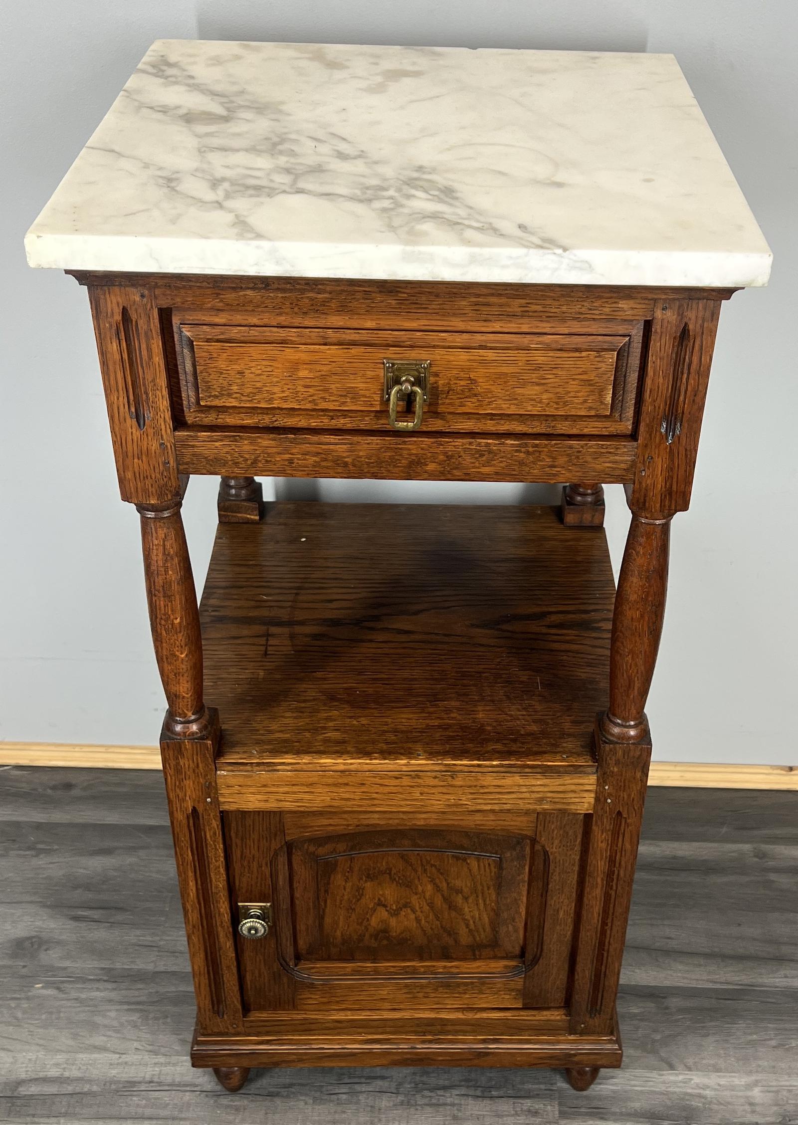 Bedside Table Antique French Style Oak with Marble Top Carved Cabinet (1 of 14)
