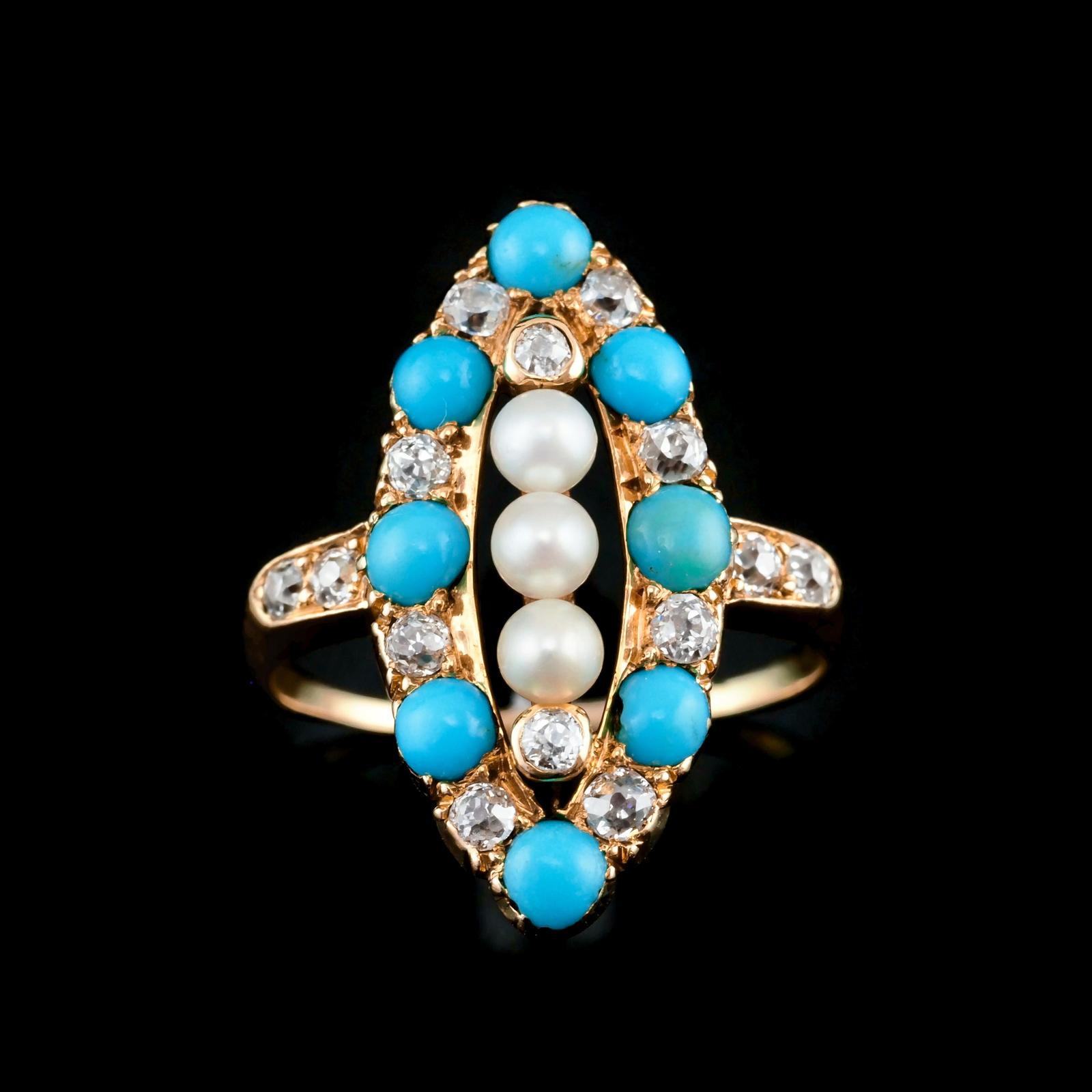 Antique Victorian Diamond, Pearl & Turquoise 18ct Gold Ring Navette/Marquise Cluster Design - c.1880 (1 of 17)