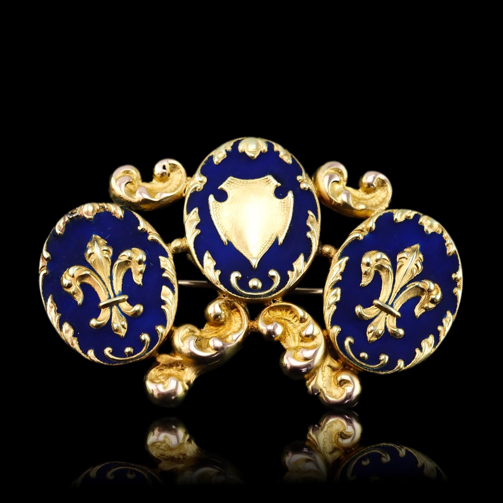 Antique Blue Enamel Fleur de Lys Brooch 18K Gold Triple Cartouche Design 19th c (1 of 18)
