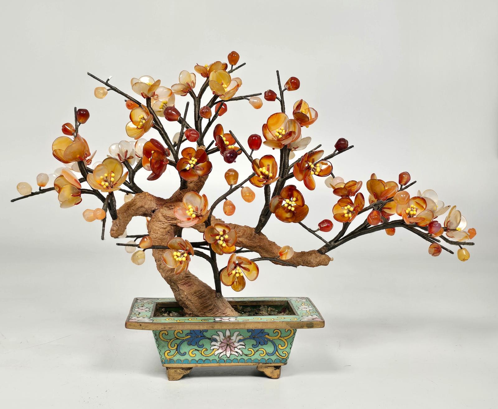 A Rare Chinese Cloisonné and Carved Hardstone Prunus Bonsai Tree (1 of 17)