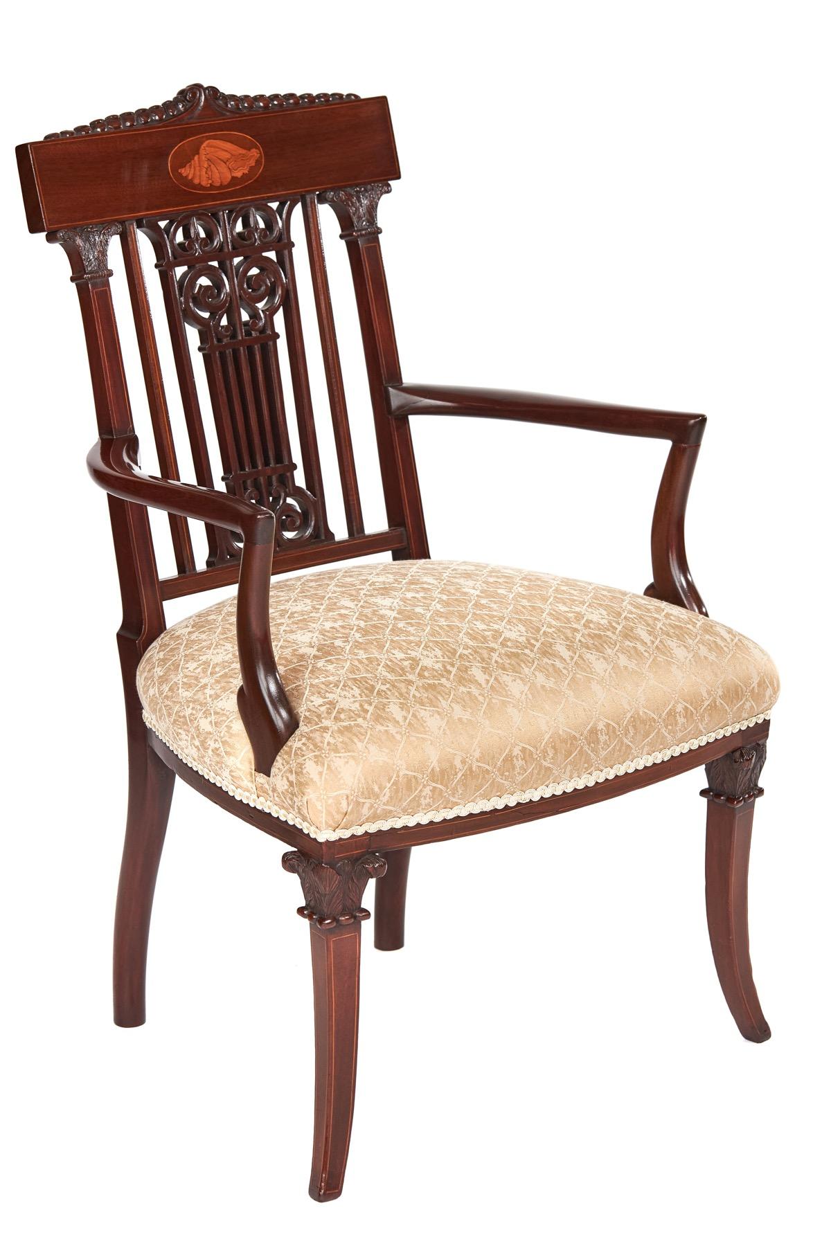 Fine Sheraton Revival Mahogany Inlaid & Carved Elbow Chair (1 of 5)