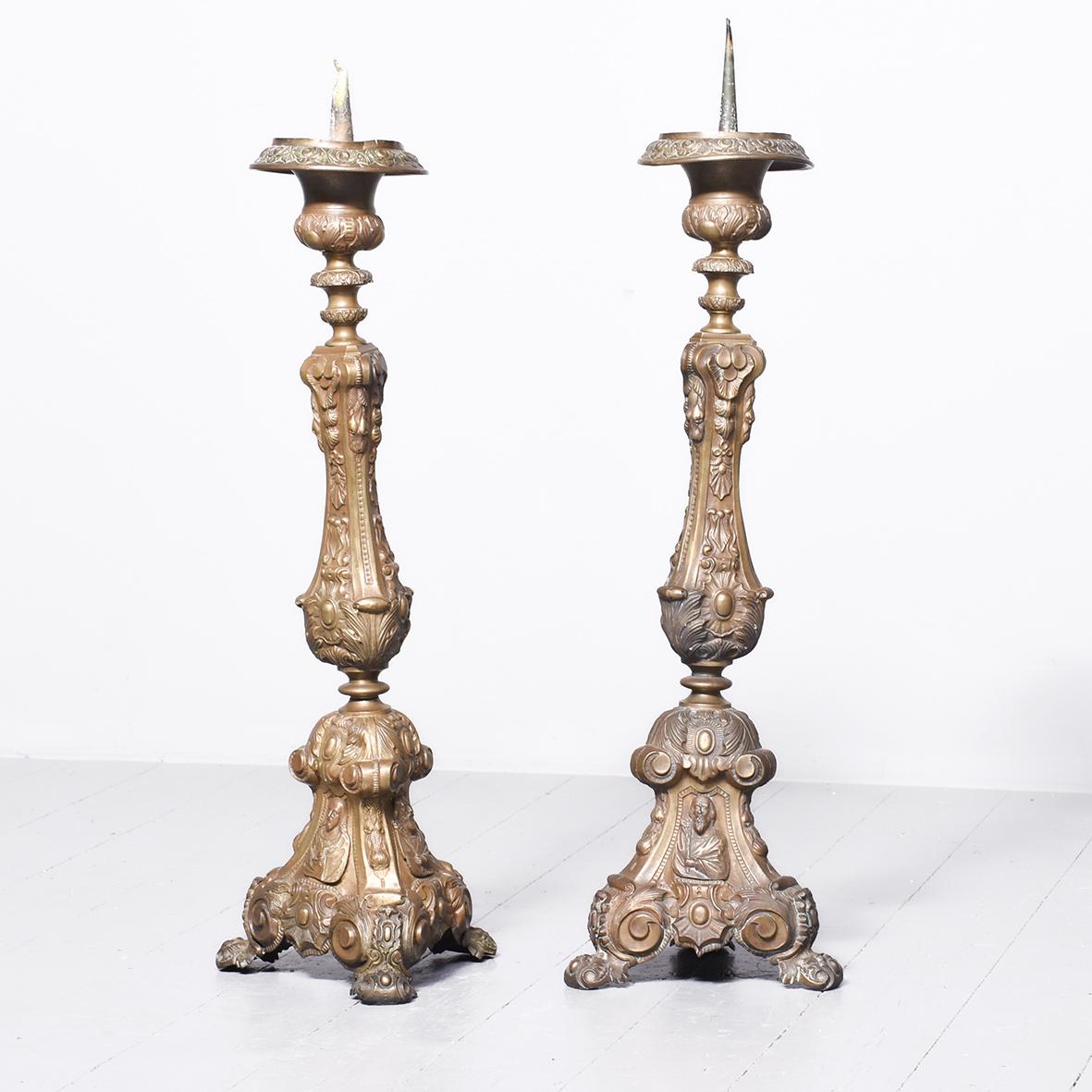 Pair of Embossed Brass Candlesticks of Generous Proportions (1 of 5)
