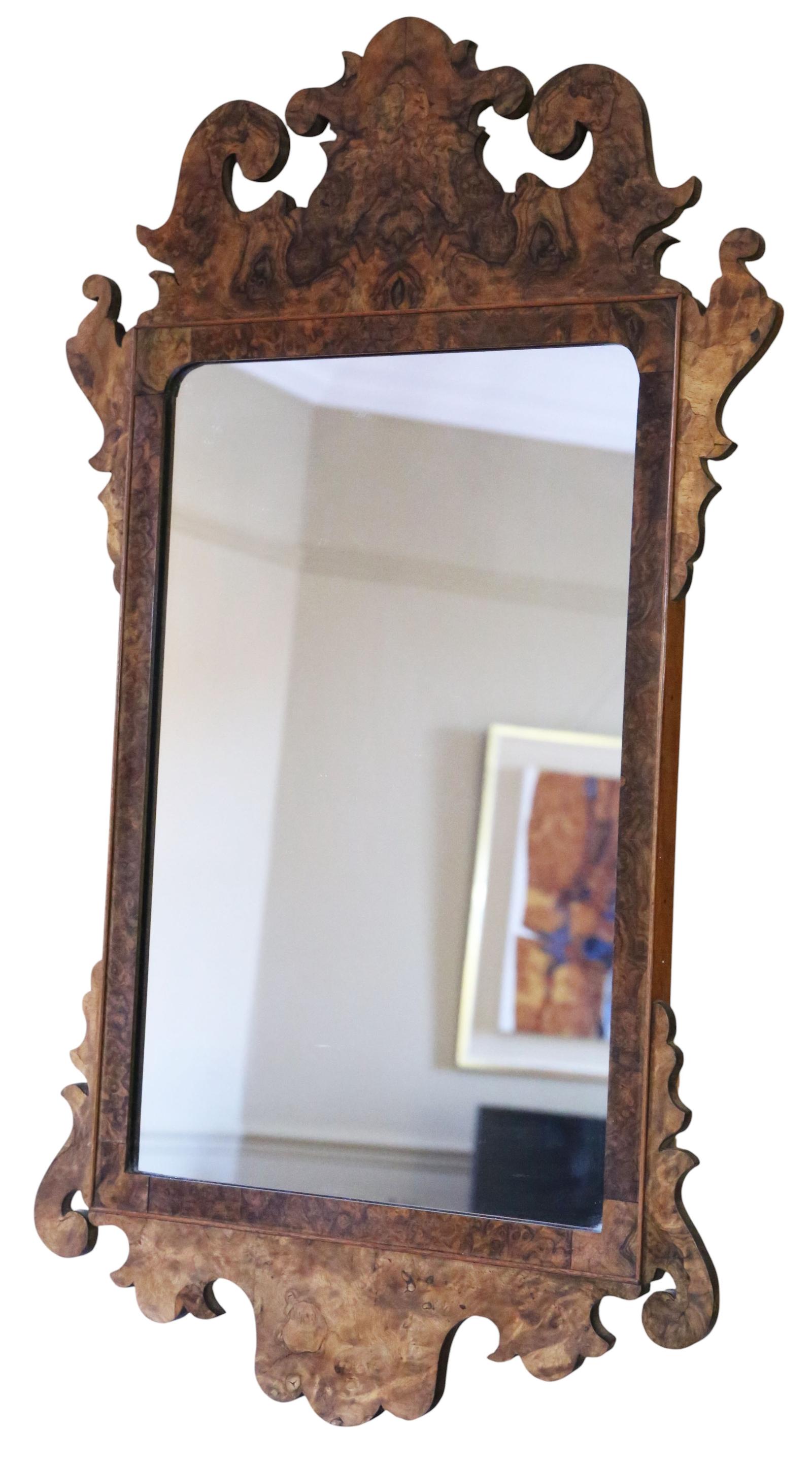 Antique c.1910 Georgian Revival Burr Walnut Fret-cut Overmantle / Wall Mirror – Fine Quality (1 of 6)