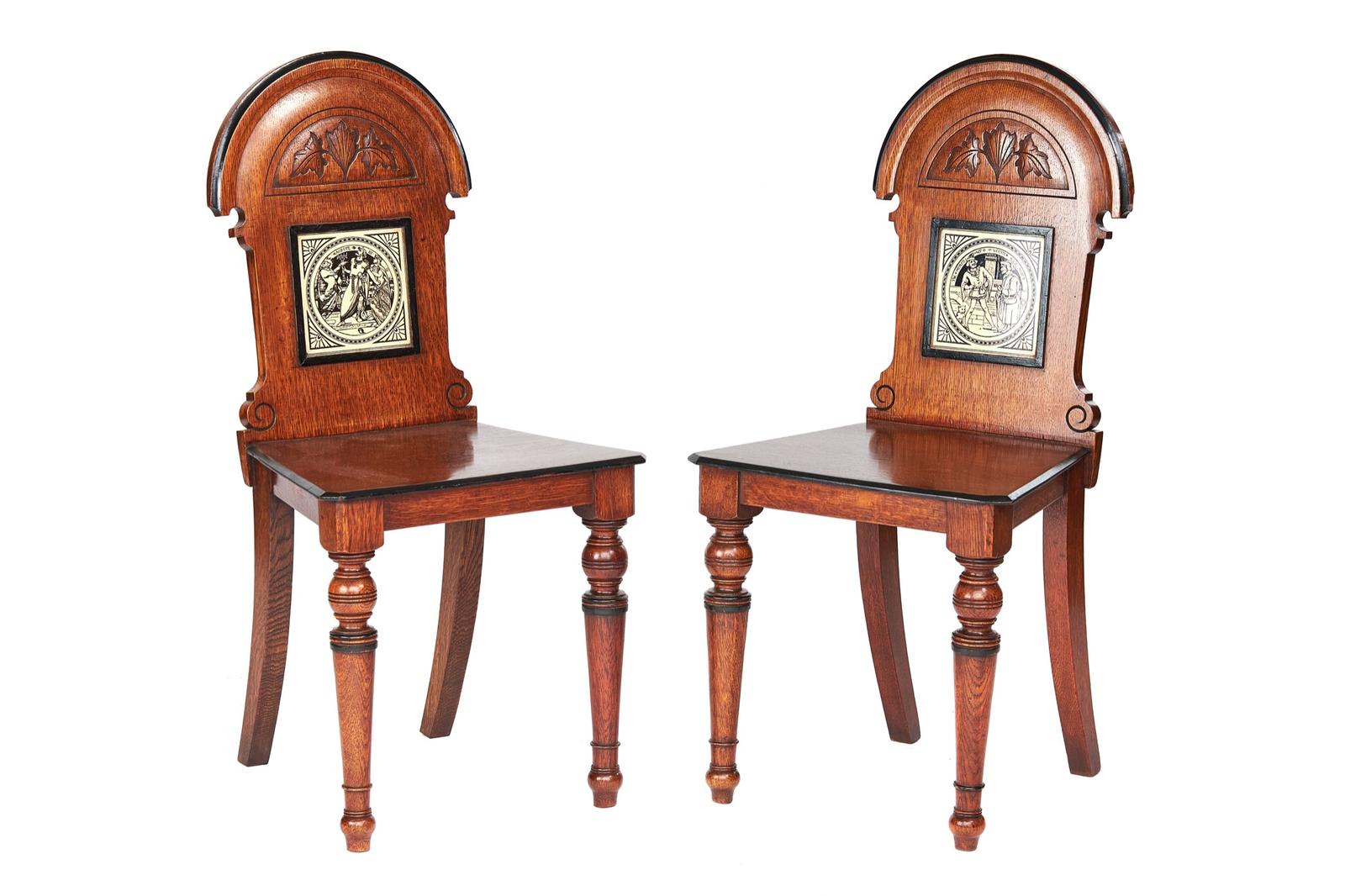 Pair of Aesthetic Period Oak Tiled Back Hall Chairs (1 of 7)