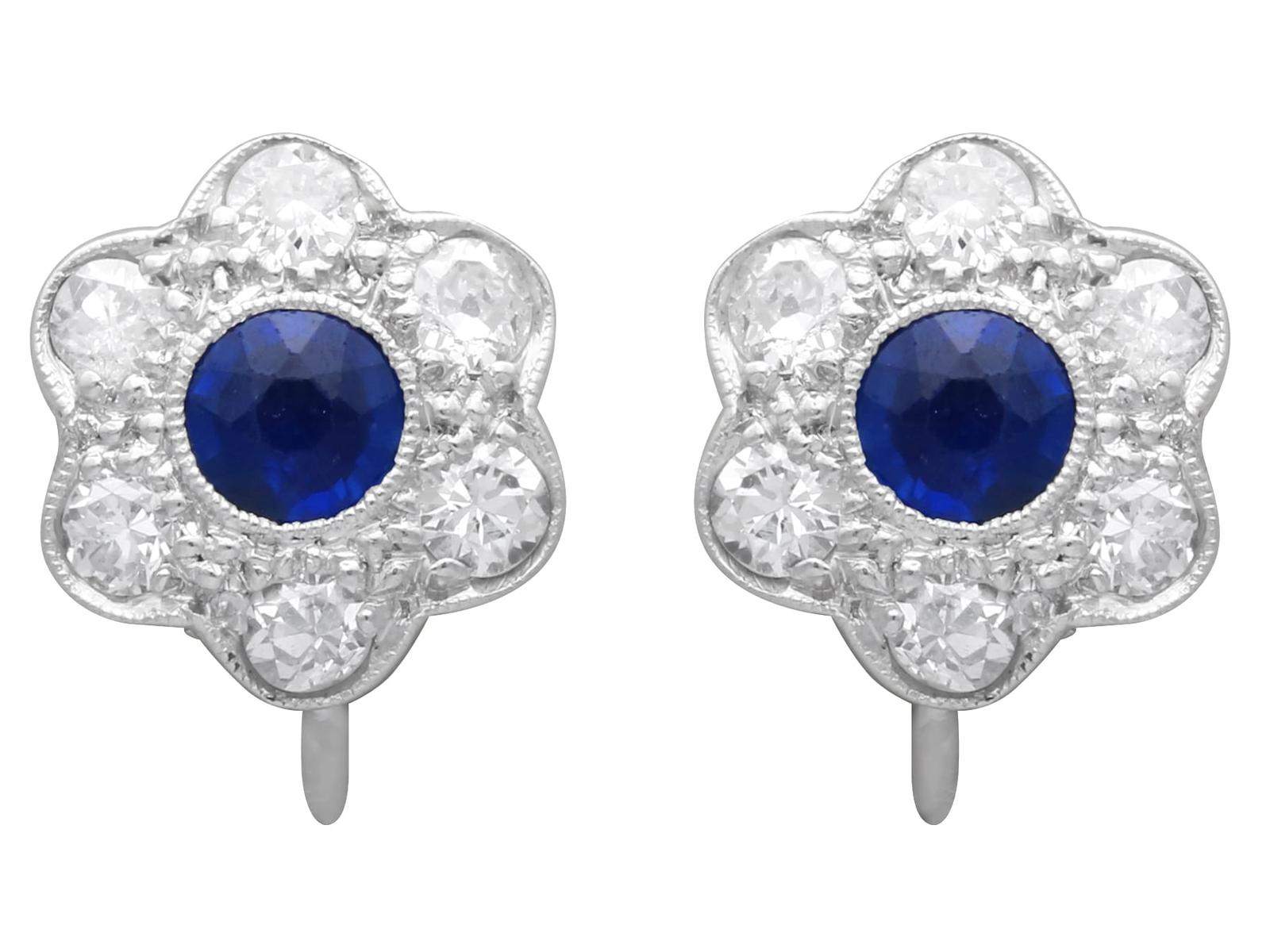 Antique 0.56ct Sapphire & 0.60ct Diamond, Platinum Earrings c.1920 (1 of 9)