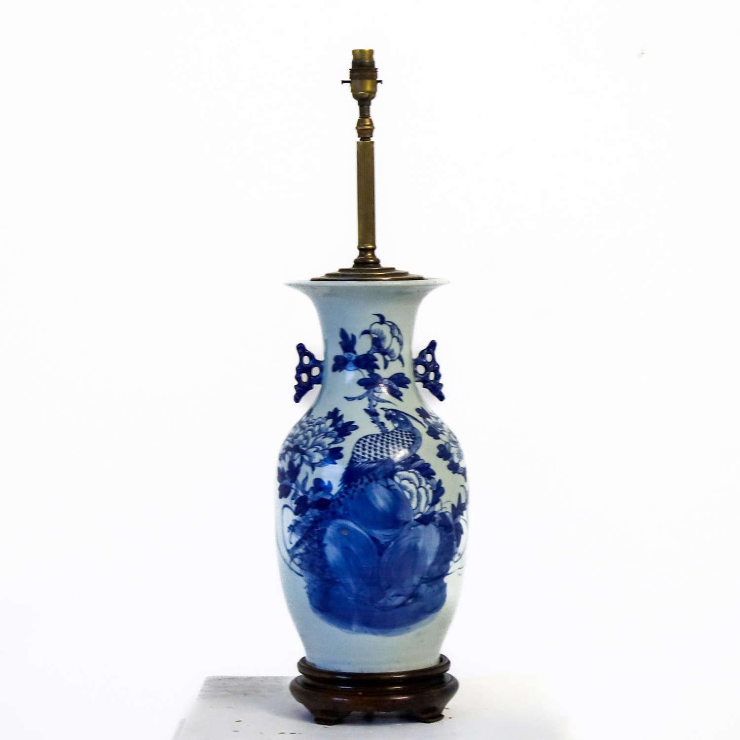 French 1940 Large Blue & White Lamp with Golden Pheasant (1 of 9)