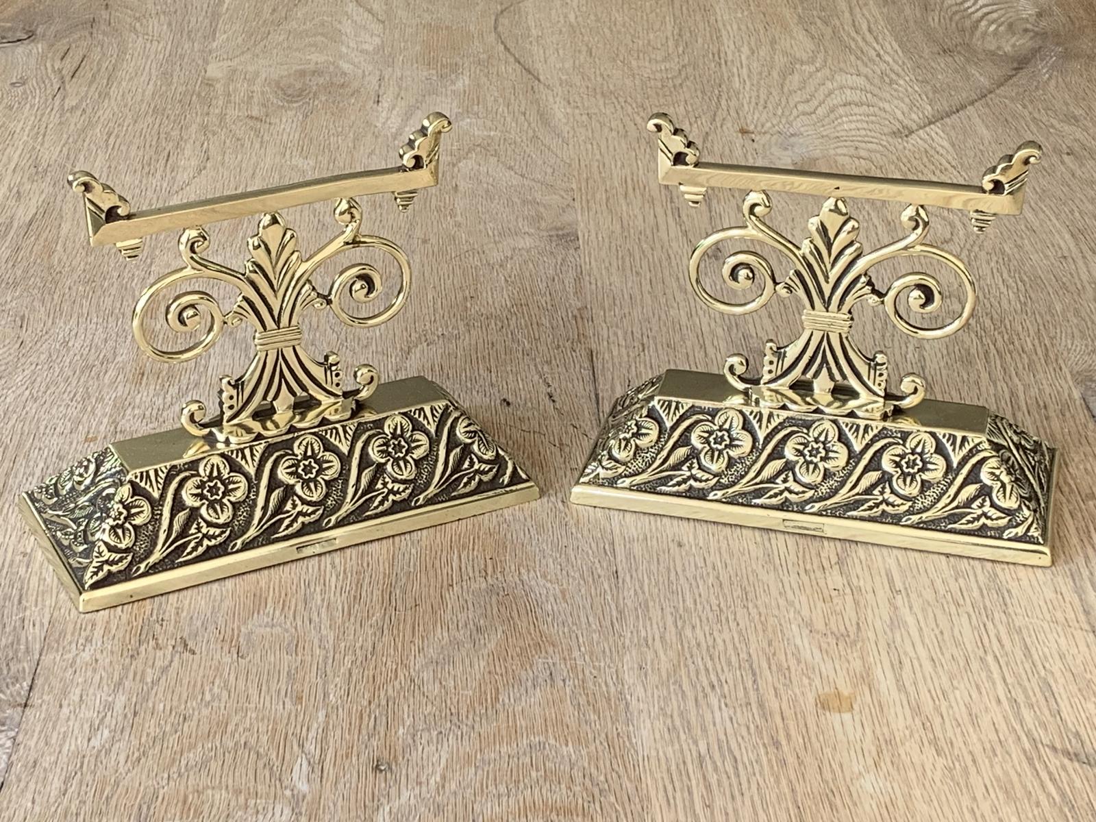 Pair of Victorian Aesthetic Movement Brass Fire Dogs Fire Tool Rests Andirons Reg 1886 (1 of 7)