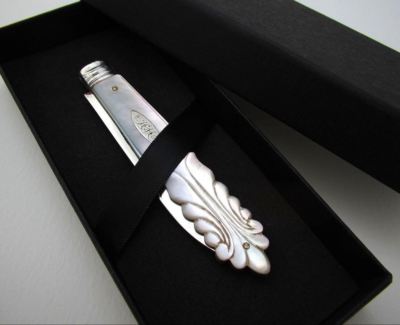 Large Antique Victorian 1857 Sheffield Sterling Silver & Mother of Pearl Fruit Knife by John Oxley (1 of 8) Large Antique Victorian 1857 Sheffield Sterling Silver & Mother of Pearl Fruit Knife by John Oxley (1 of 8)