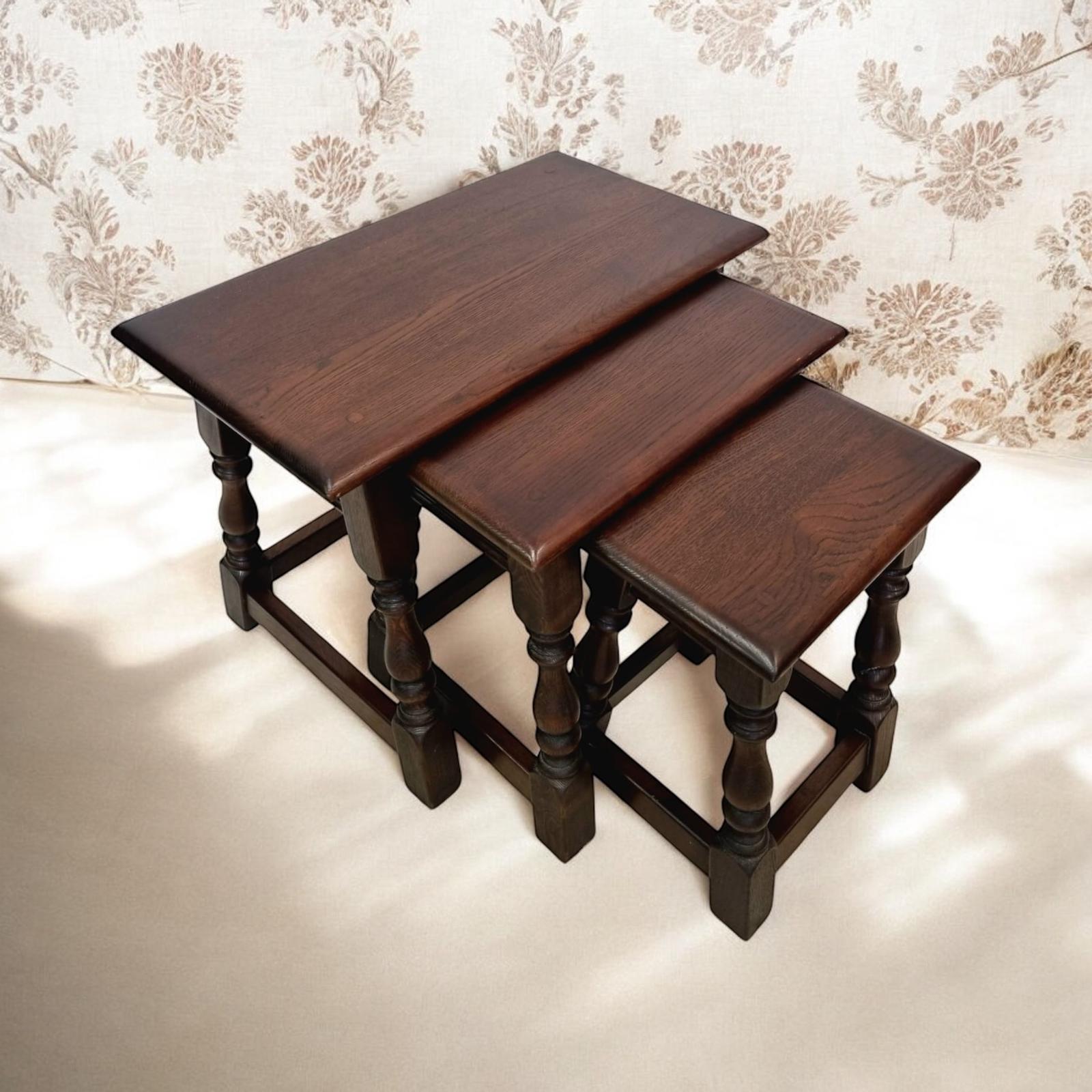 Vintage Old Charm Wood Bros / Solid Oak Wooden Nest of 3 Tables / Tudor Brown c.1960 (1 of 10)