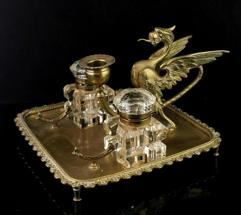 Antique Brass Wyvern Inkstand, Inkwells (1 of 10)