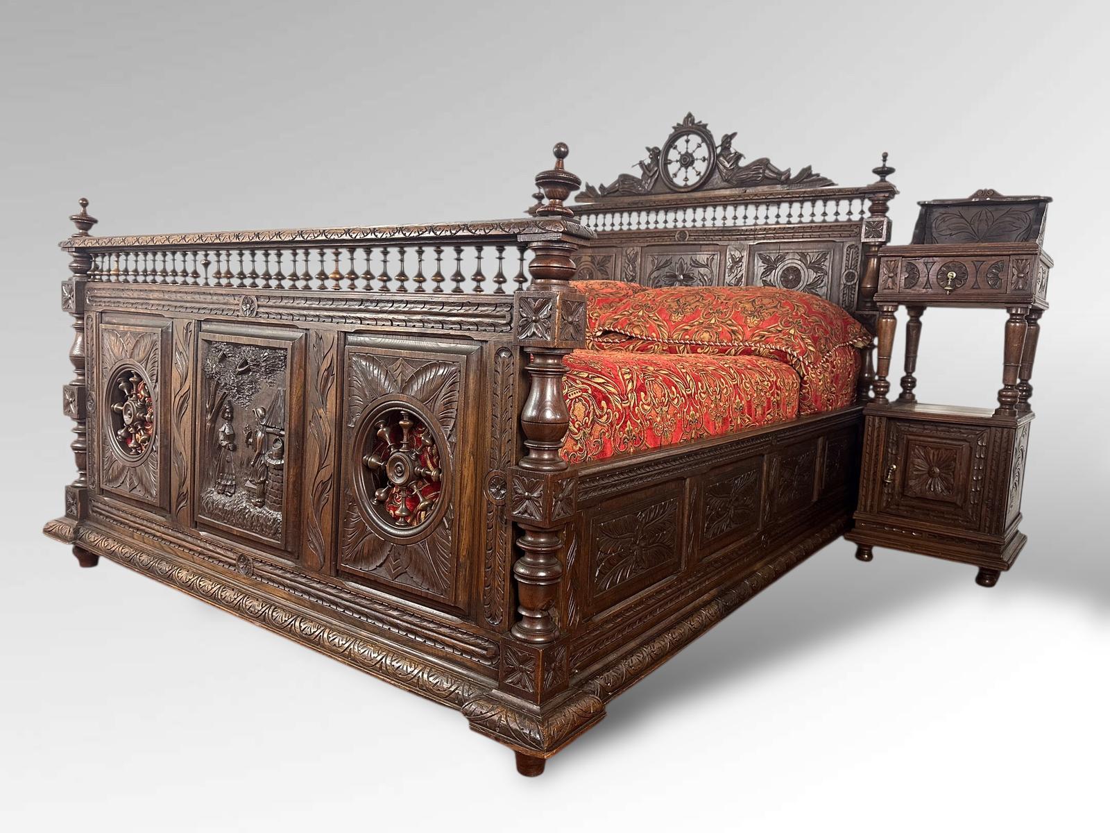 Antique French Highly Carved Breton Bed Figural Bed Frame (1 of 20)