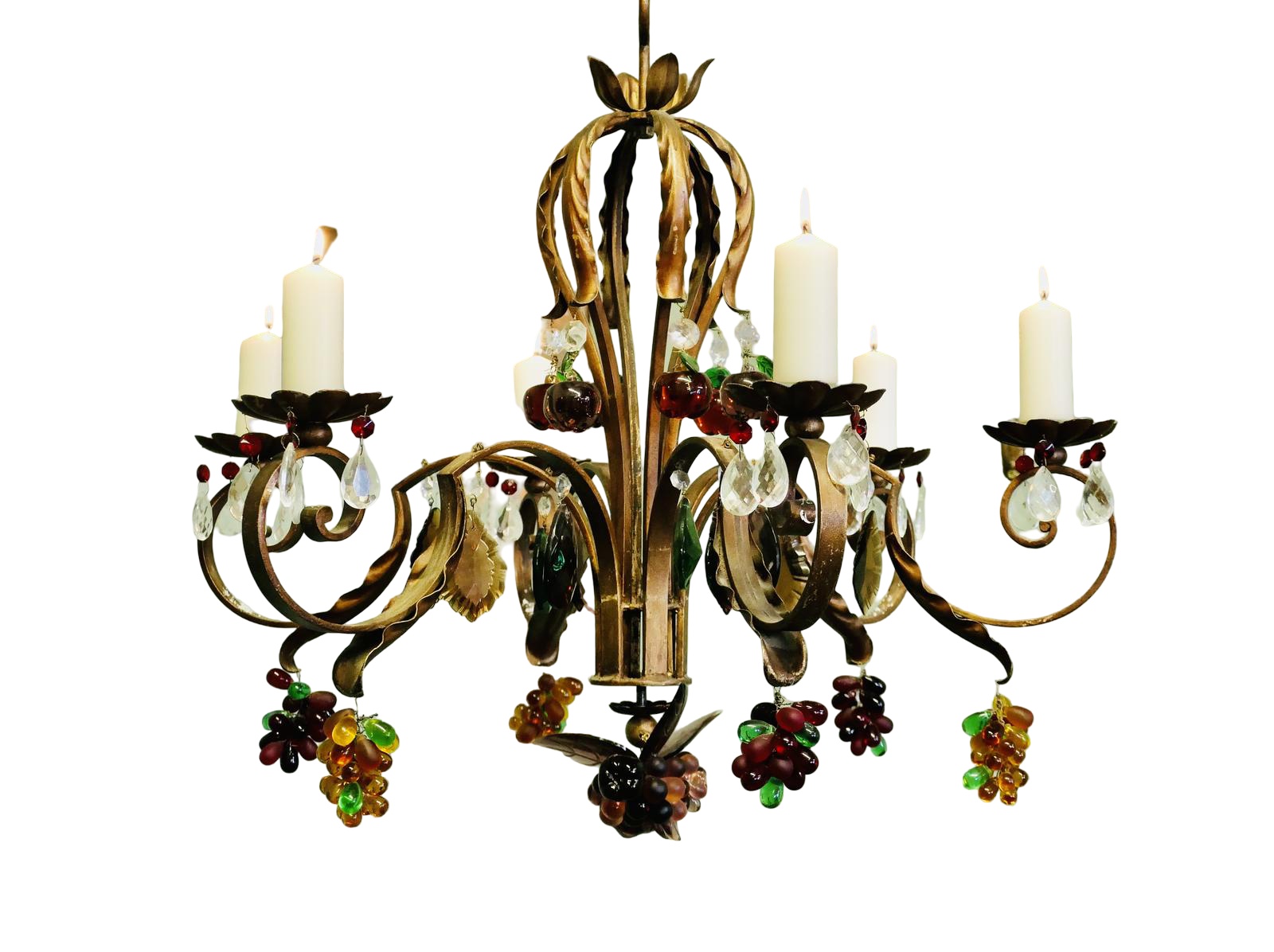 6 Branch Iron Candelier Hung with Coloured Crystal Fruits (1 of 6) 6 Branch Iron Candelier Hung with Coloured Crystal Fruits (1 of 6)