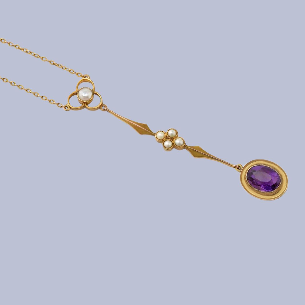 Edwardian Amethyst & Pearl Necklace 9ct Gold Antique Drop Lavaliere Pendant (1 of 6)