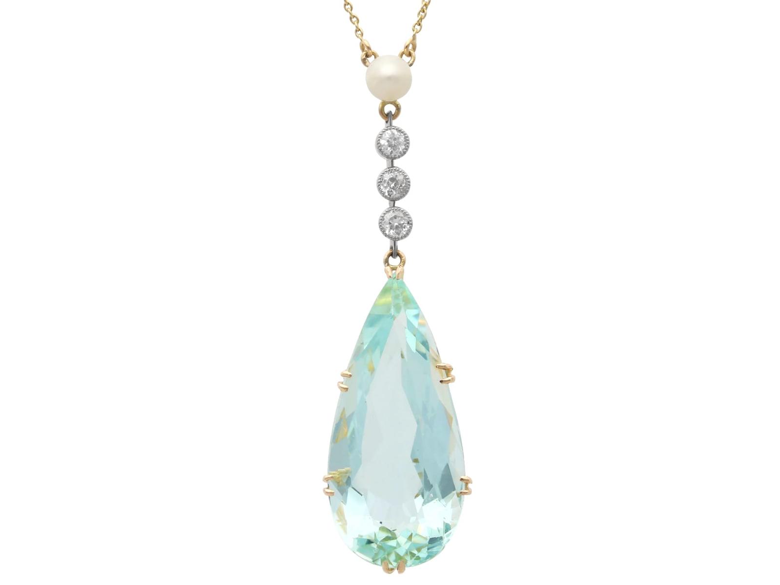 Antique 14.28ct Aquamarine, Pearl, 0.20ct Diamond & 11k Yellow Gold Drop Pendant c.1915 (1 of 10)