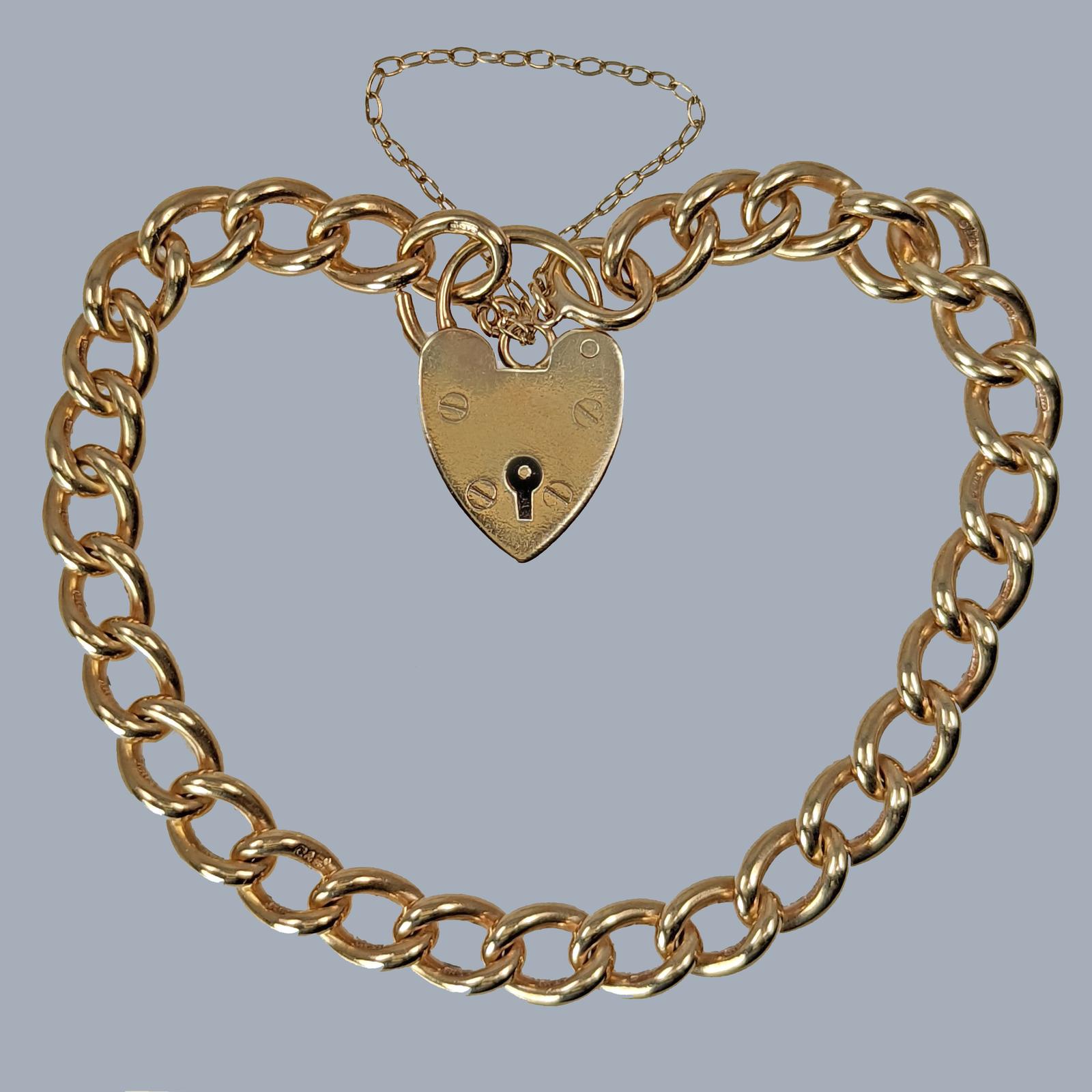 1972 Vintage 9ct Gold Curb Bracelet – Cropp & Farr – Heart Padlock – 26g (1 of 5)
