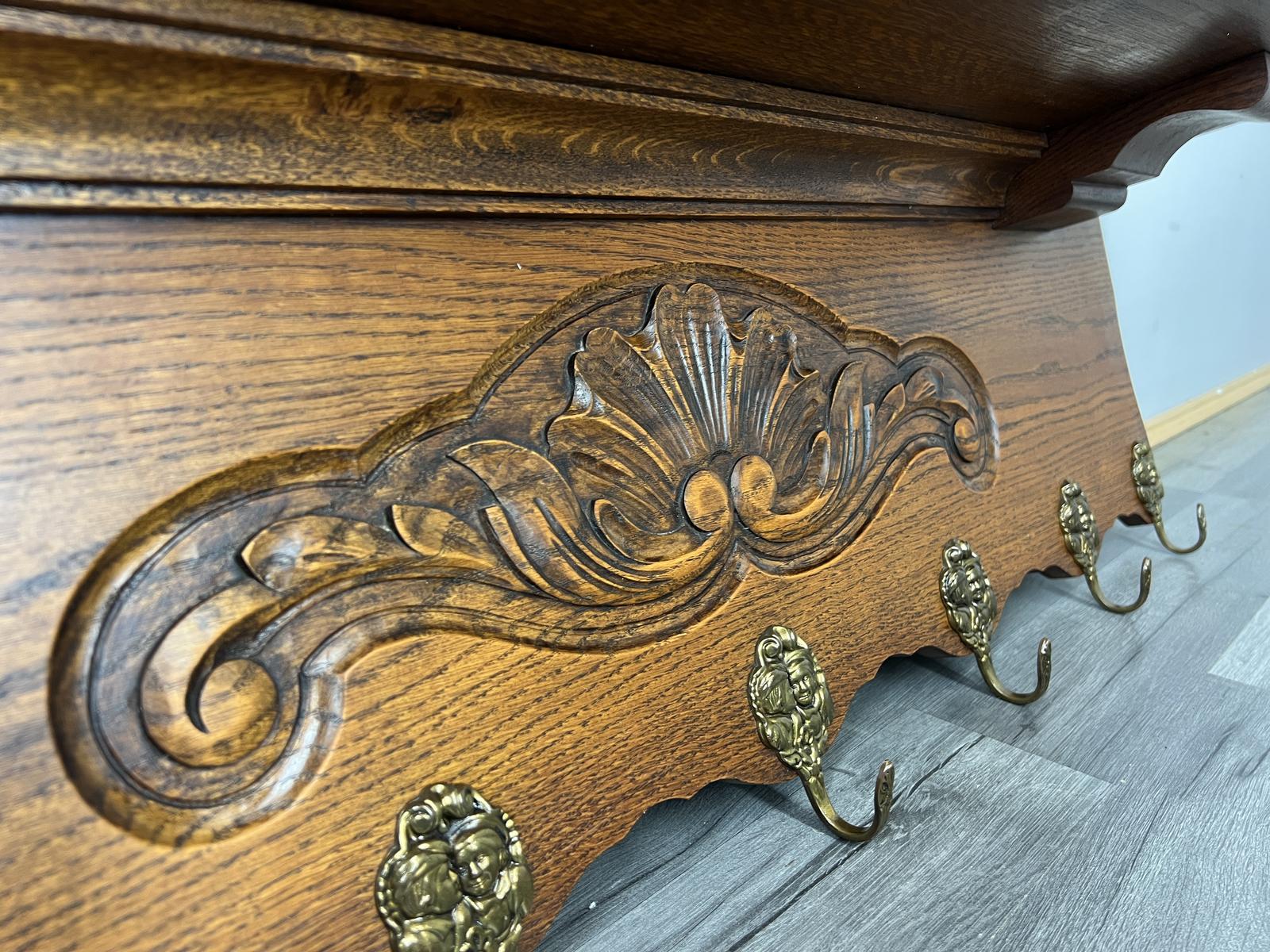 French Vintage Coat Rack Oak 7 Hooks Wall Shelf Carved Coat (1 of 9)