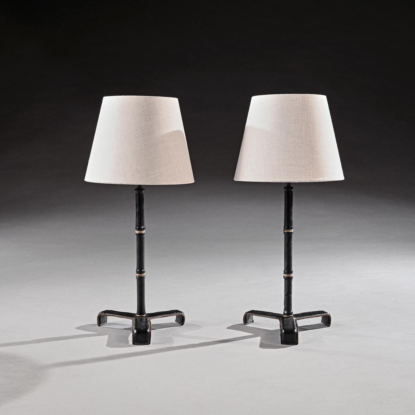 Pair of Leather Simulated Bamboo Table Lamps Attributed to Jacques Adnet (1 of 5)