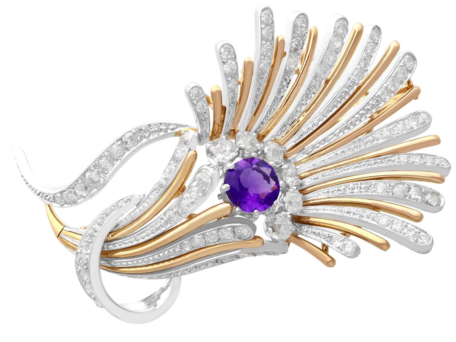 Vintage 1.01ct Amethyst & 1.69ct Diamond, Platinum & 14ct Yellow Gold Brooch - Art Deco c.1940 (1 of 9)