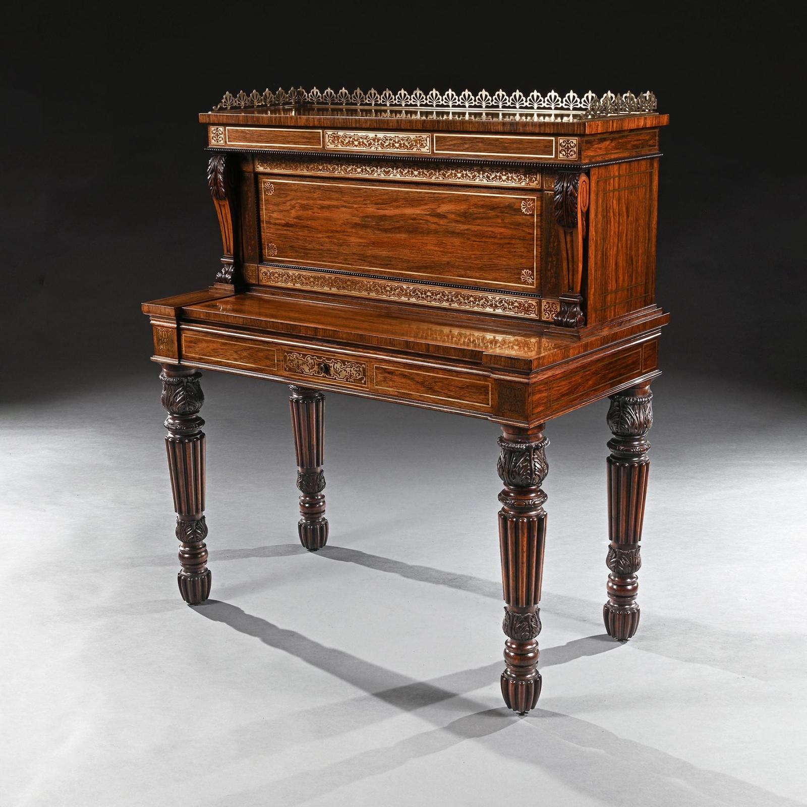 Extremely Fine Rosewood & Brass Inlaid Writing Table Attributed to Gillows Oxford Street Workshop (1 of 9)