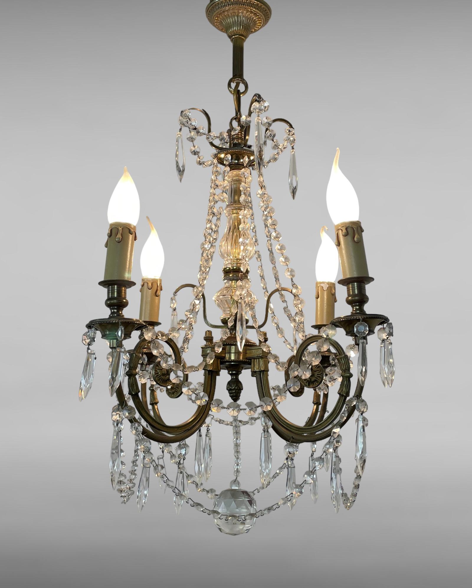 Gilt Bronze Chandelier With Crystal Droplets & Swags Pair Available