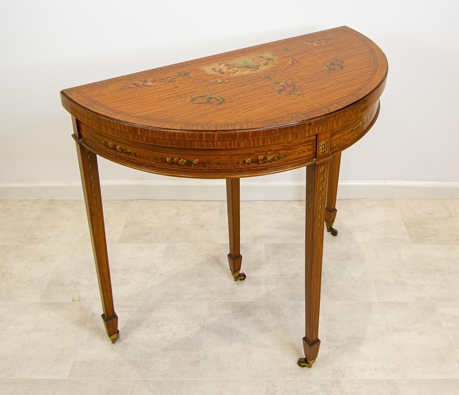 Antique Satinwood Painted Demi-lune Games / Card / Side Table (1 of 6)