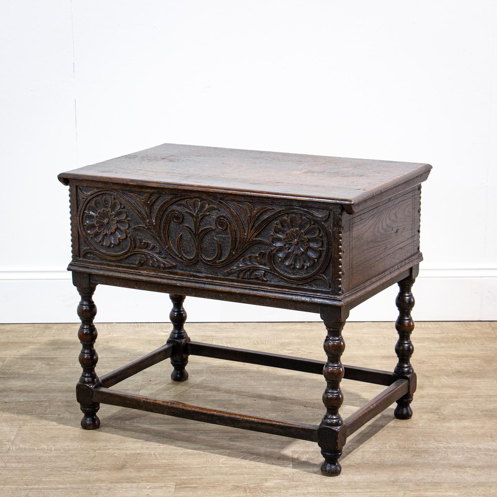 Rare English Oak Coffer with Carved Frieze on Original Stand (1 of 14)