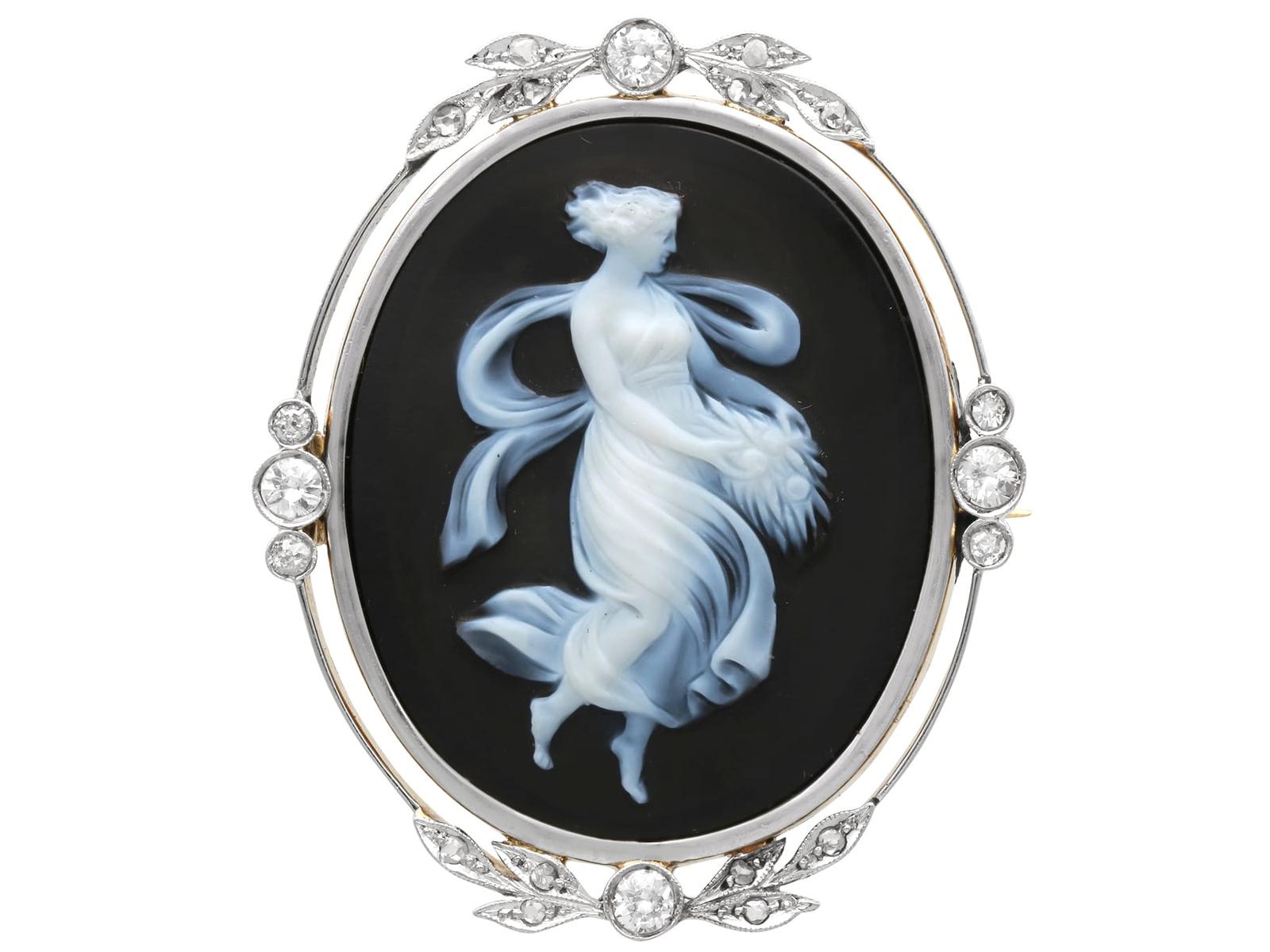 Antique Hardstone and 0.78ct Diamond, 18k Yellow Gold Black Cameo Brooch Circa 1880 (1 of 11)