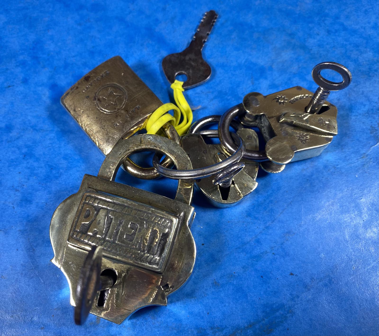 Collection of Four Early Brass Padlocks in Working Order (1 of 15)