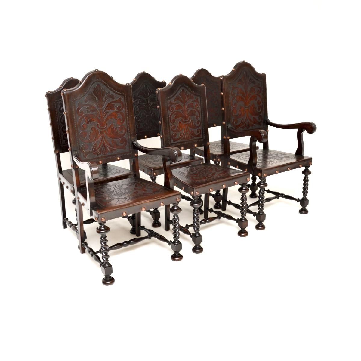 Set of Six Antique Portuguese Embossed Leather & Walnut Dining Chairs (1 of 10) Set of Six Antique Portuguese Embossed Leather & Walnut Dining Chairs (1 of 10)