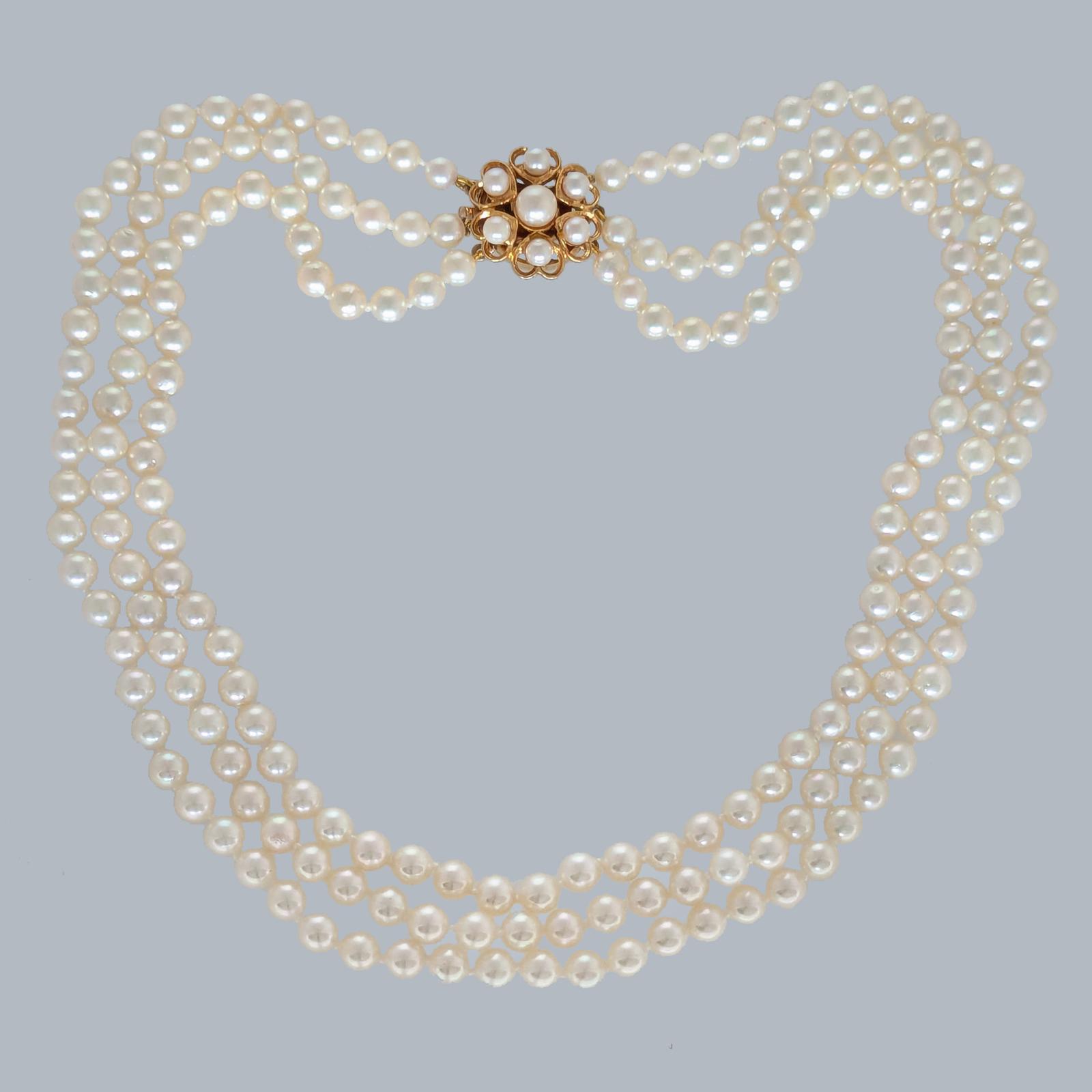 Elegant 1980s Triple Strand Pearl Necklace with 9ct Gold Heart Motif Clasp (1 of 13) Elegant 1980s Triple Strand Pearl Necklace with 9ct Gold Heart Motif Clasp (1 of 13)
