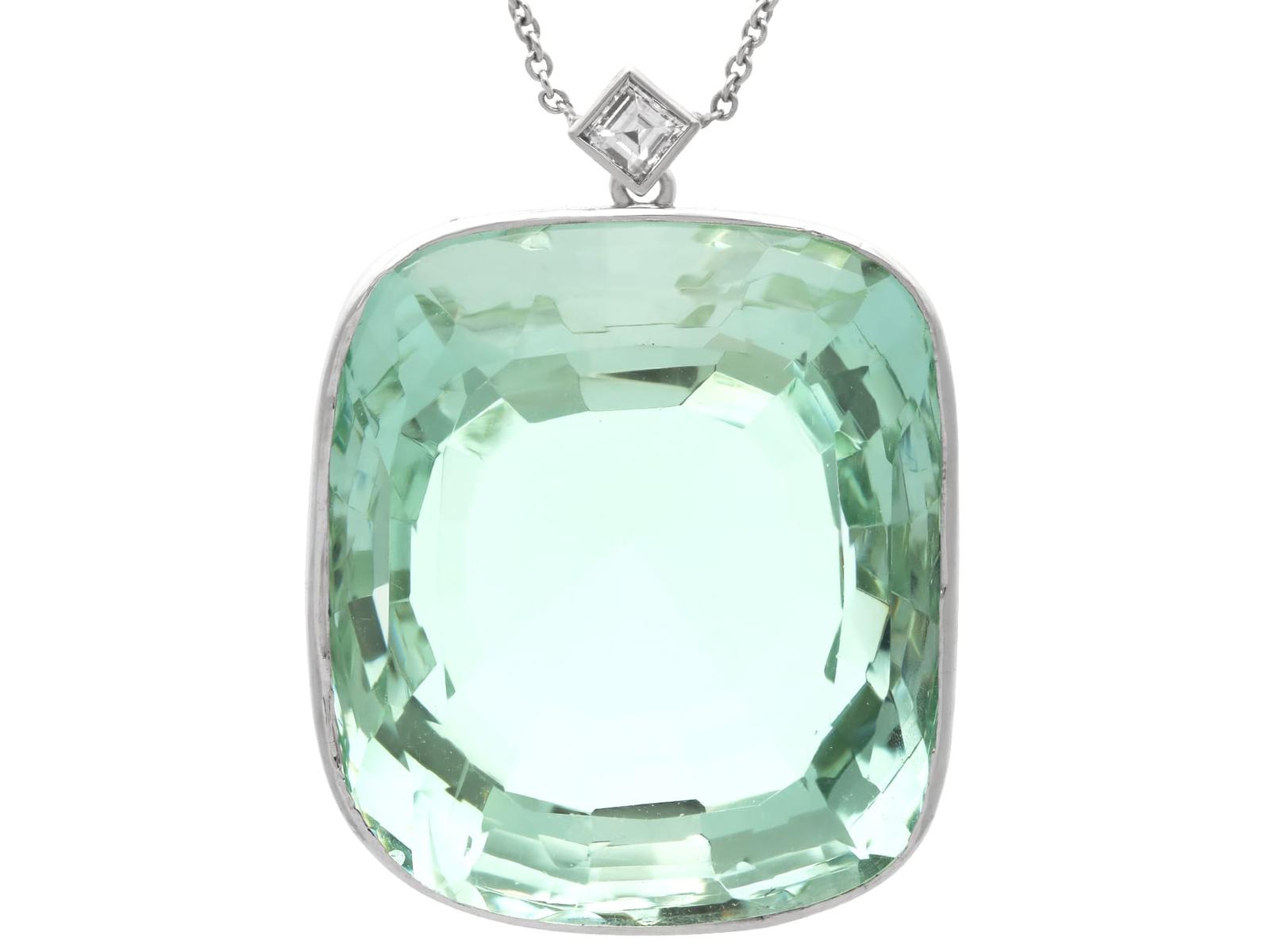 Antique 71.50ct Aquamarine 0.10ct Diamond & Platinum Pendant c.1925 (1 of 11)