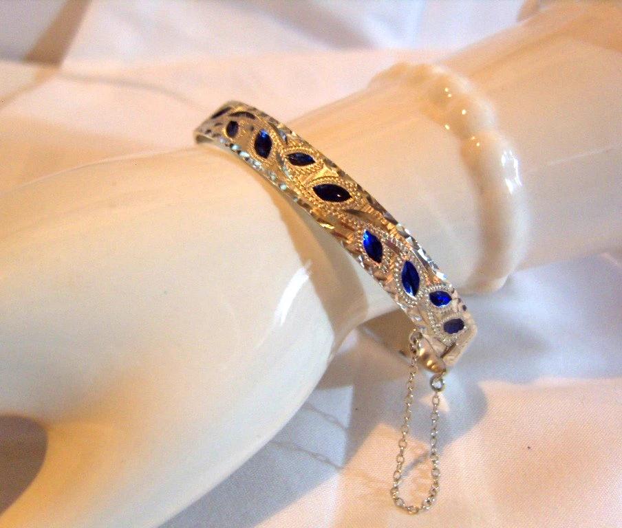 Bangle Sterling Silver with Royal Blue Enamel Vintage (7" Length 15.5 Grams) (1 of 17)