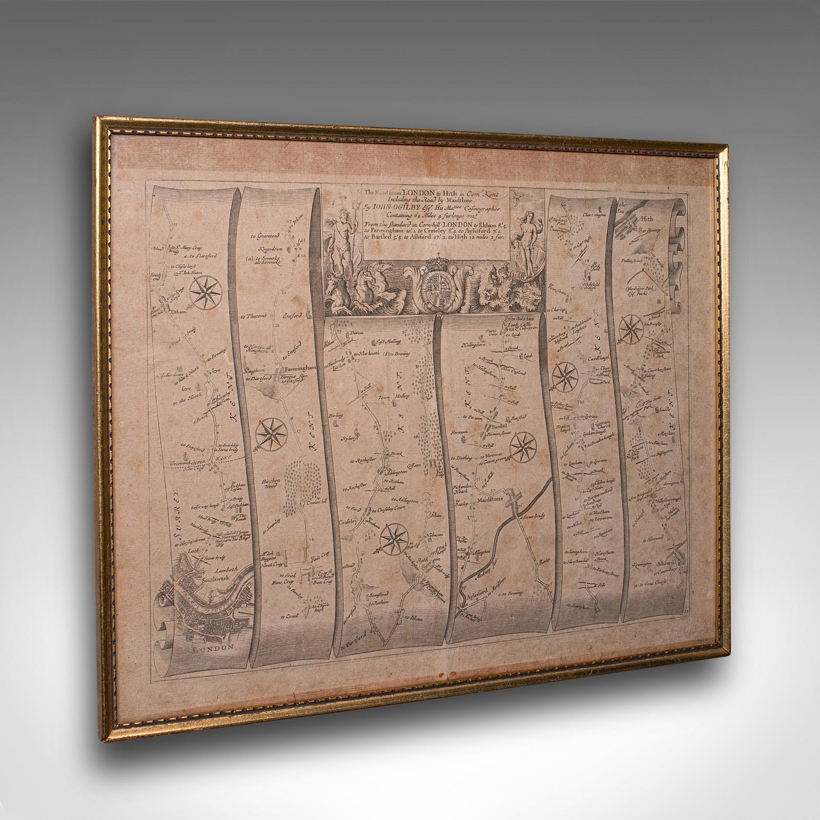 Antique Road Map, London to Hythe, Kent, English, Cartography, John Ogilby 1675 (1 of 12)