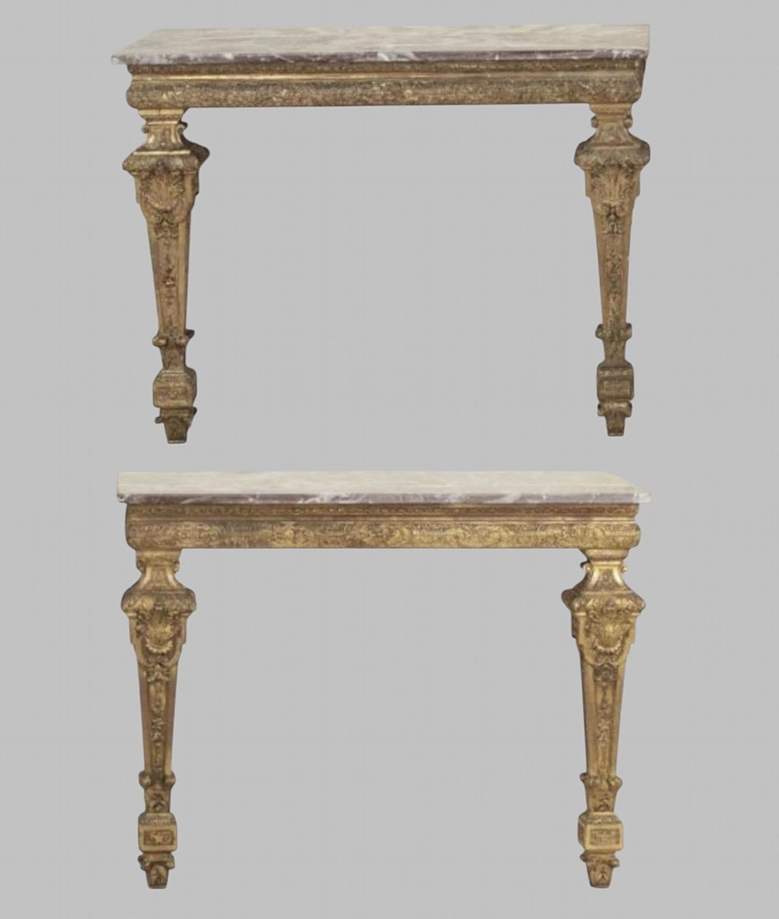 Pair of 19th Century Italian Giltwood Console Tables with Rouge Marble Tops (1 of 7) Pair of 19th Century Italian Giltwood Console Tables with Rouge Marble Tops (1 of 7)