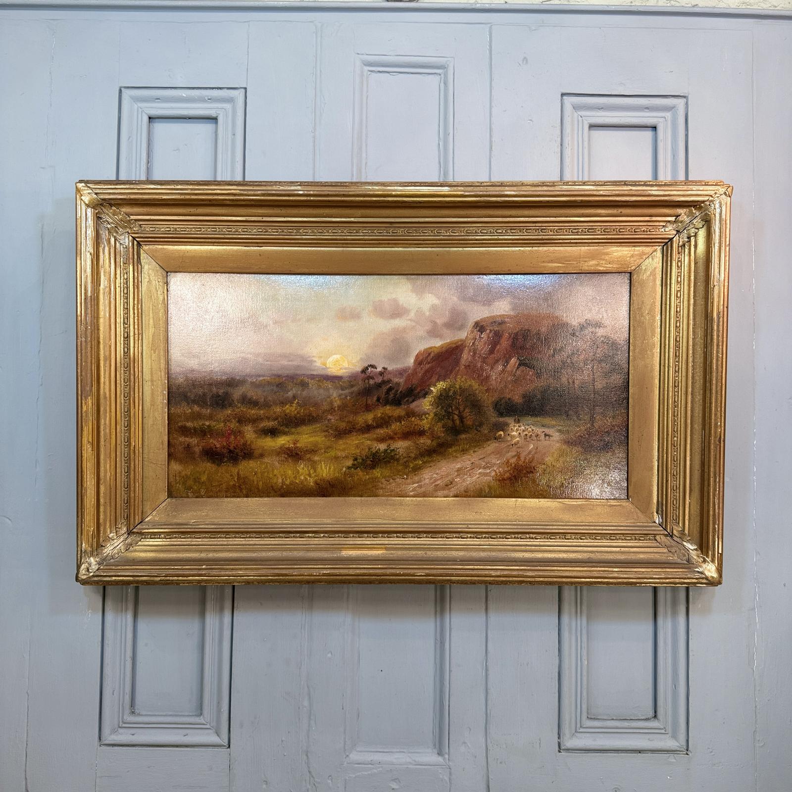 Large Antique Landscape Oil Painting with Sheep at Sunset Signed Sidney Yates Johnson (1 of 11)