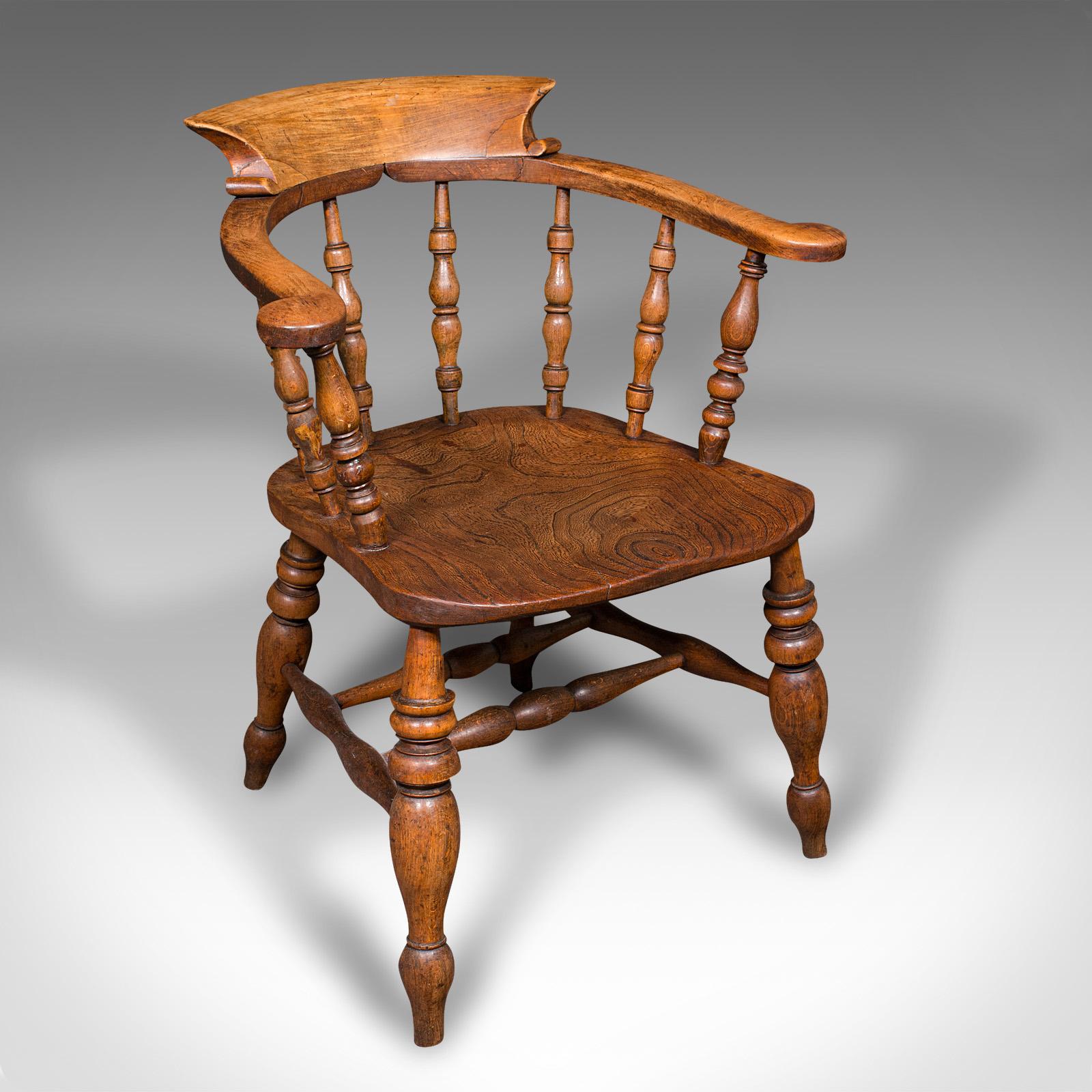 Antique Captain's Chair, English Elm, Beech, Smoker's Bow, Elbow Seat c.1860 (1 of 10)